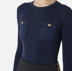 Maglia girocollo in lyocell e seta a costine con ricamo logo