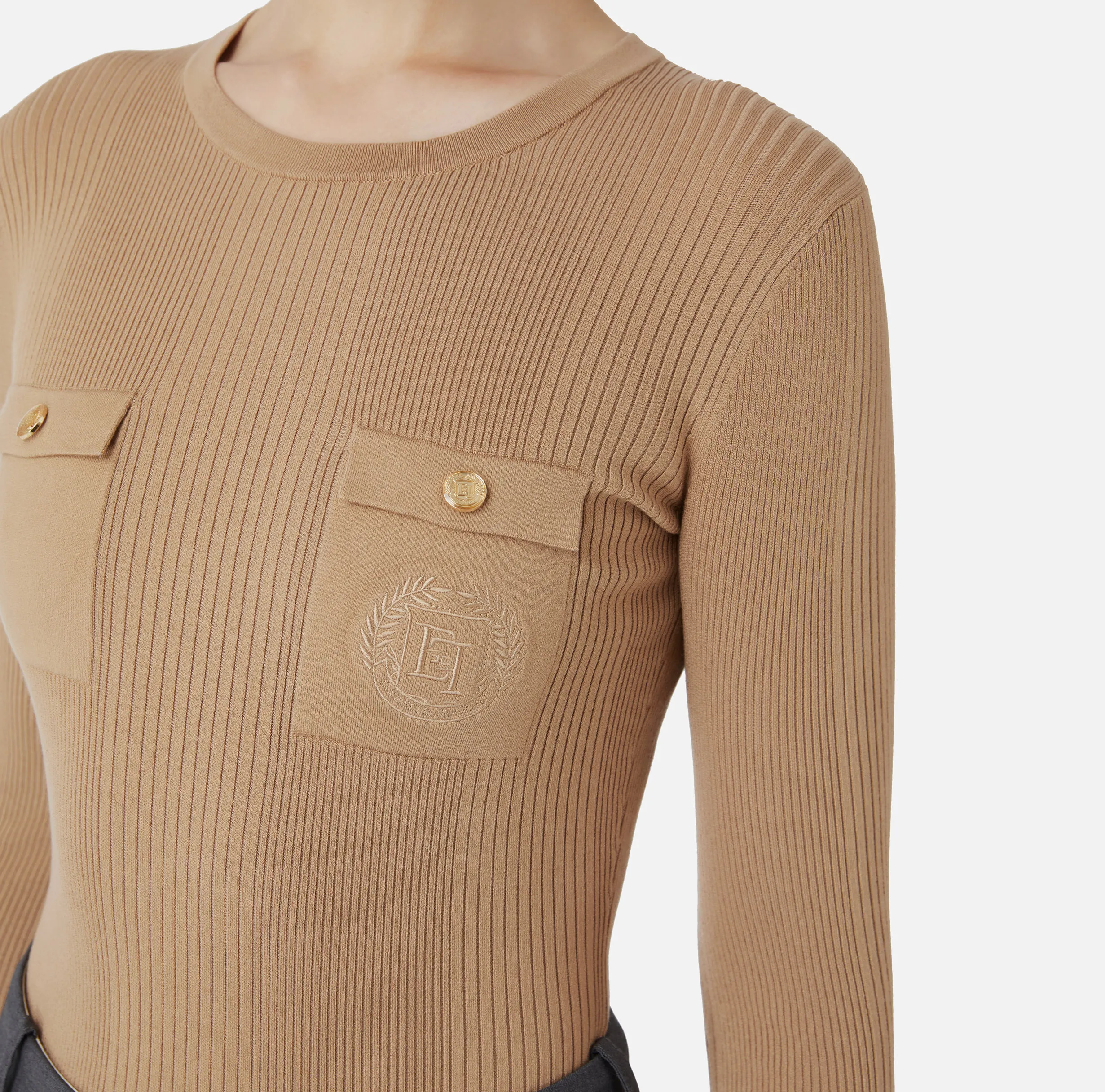 Maglia girocollo in lyocell e seta a costine con ricamo logo