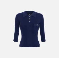 Maglia polo in lyocell e seta a costine con ricamo logo