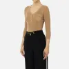 Maglia scollo a V in lyocell e seta a costine con ricamo logo