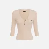 Maglia scollo a V in lyocell e seta a costine con ricamo logo