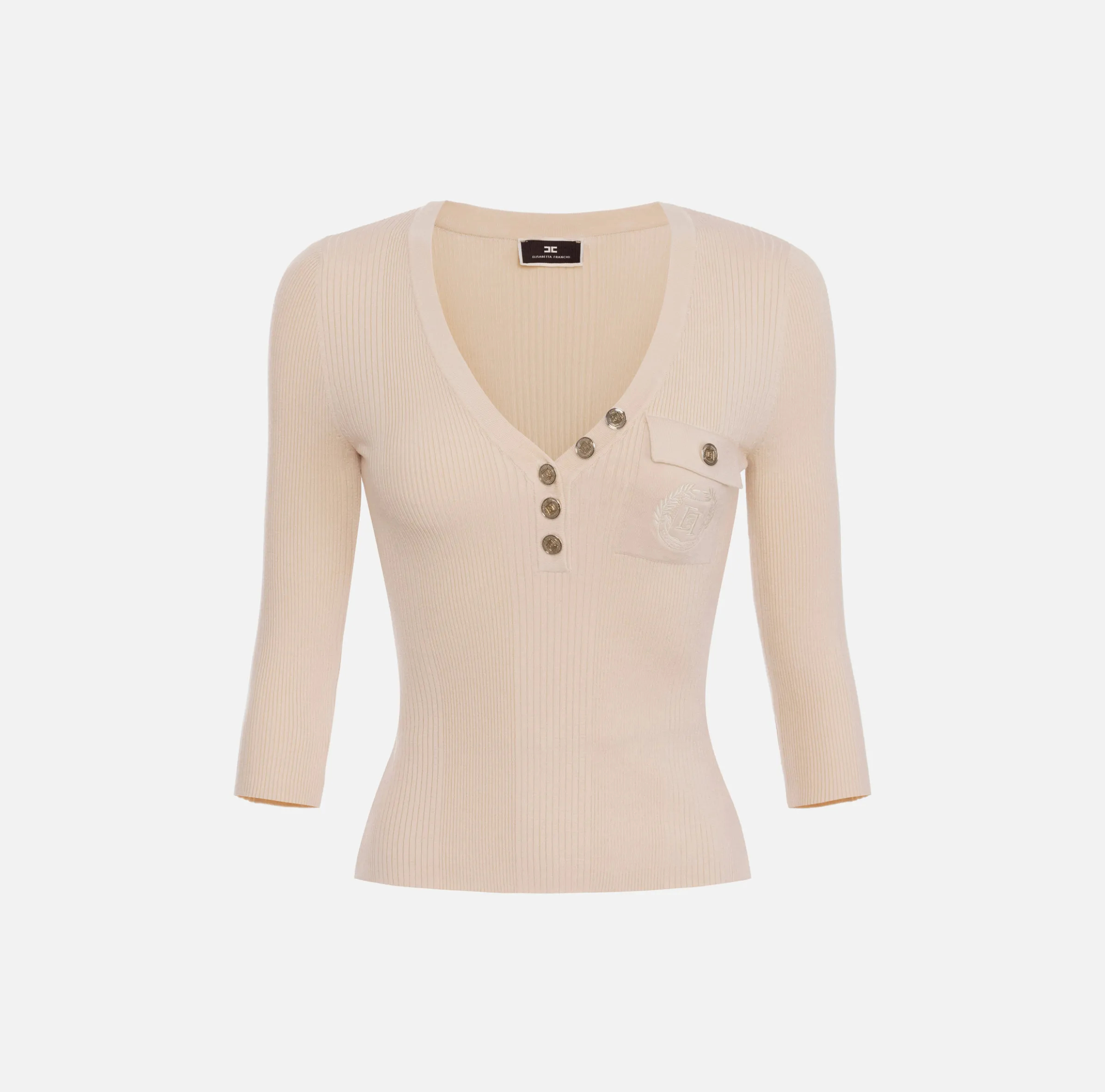 Maglia scollo a V in lyocell e seta a costine con ricamo logo