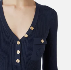 Maglia scollo a V in lyocell e seta a costine con ricamo logo