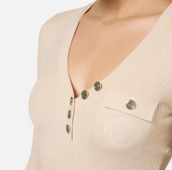 Maglia scollo a V in lyocell e seta a costine con ricamo logo