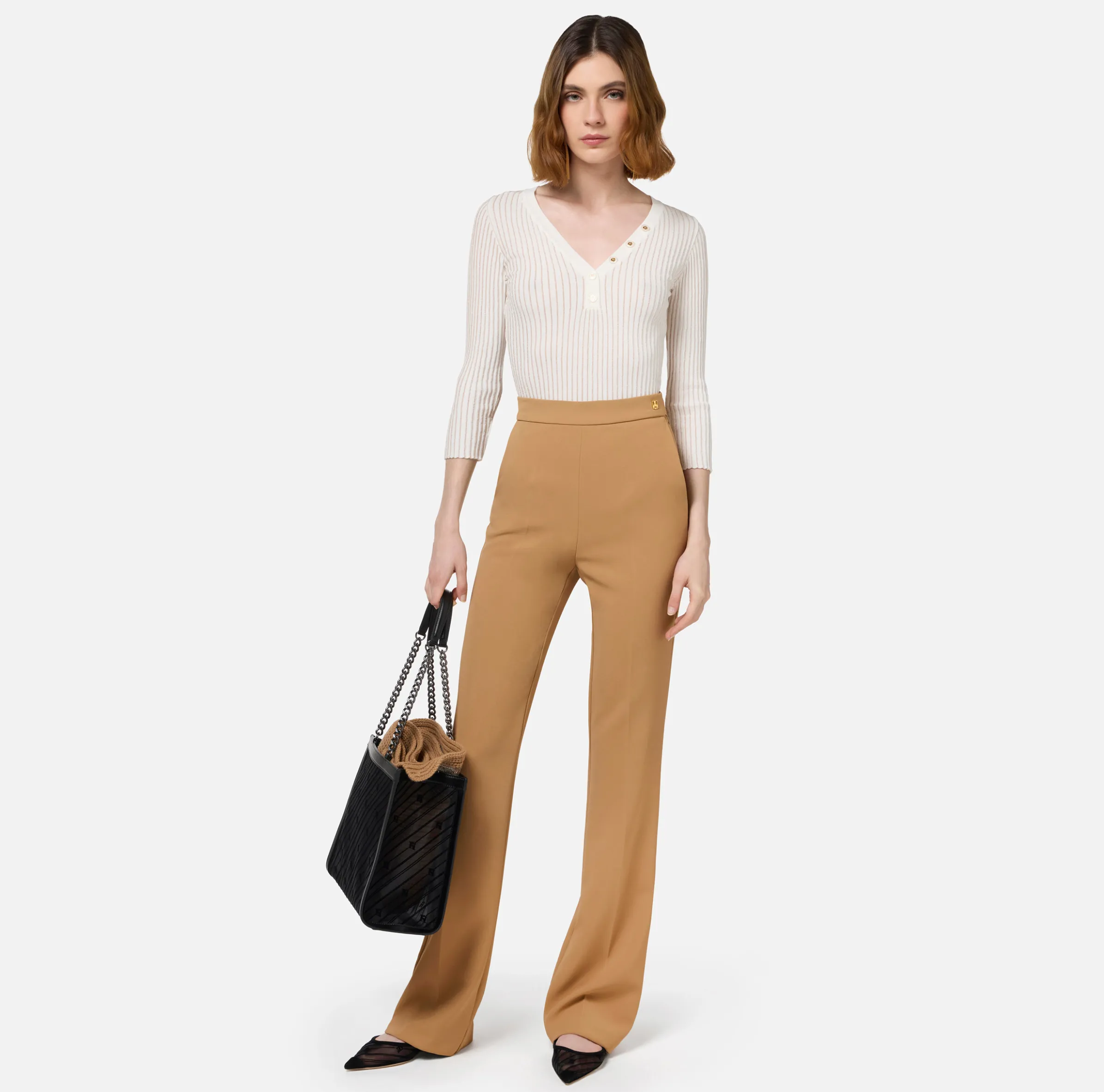 Maglia scollo a V in viscosa e lurex a costine