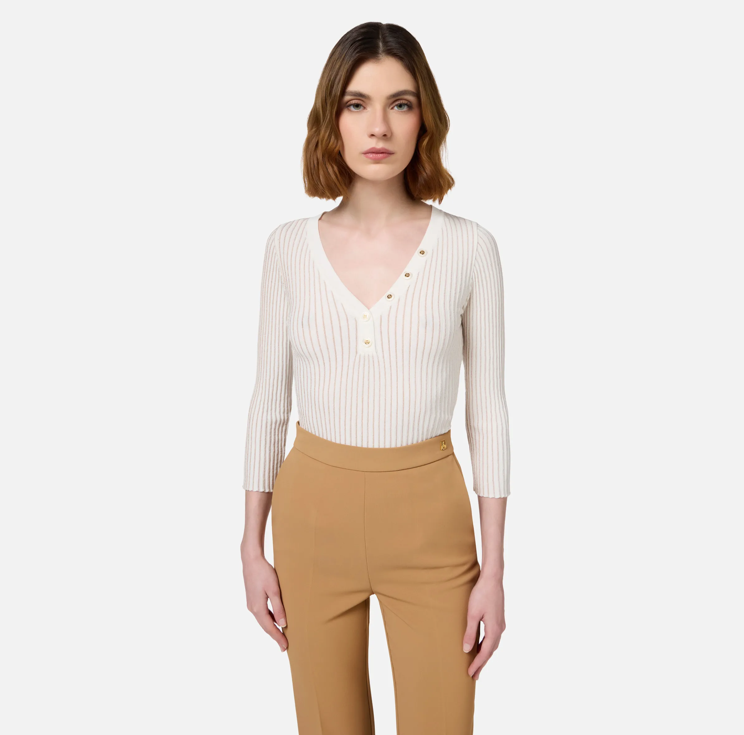 Maglia scollo a V in viscosa e lurex a costine