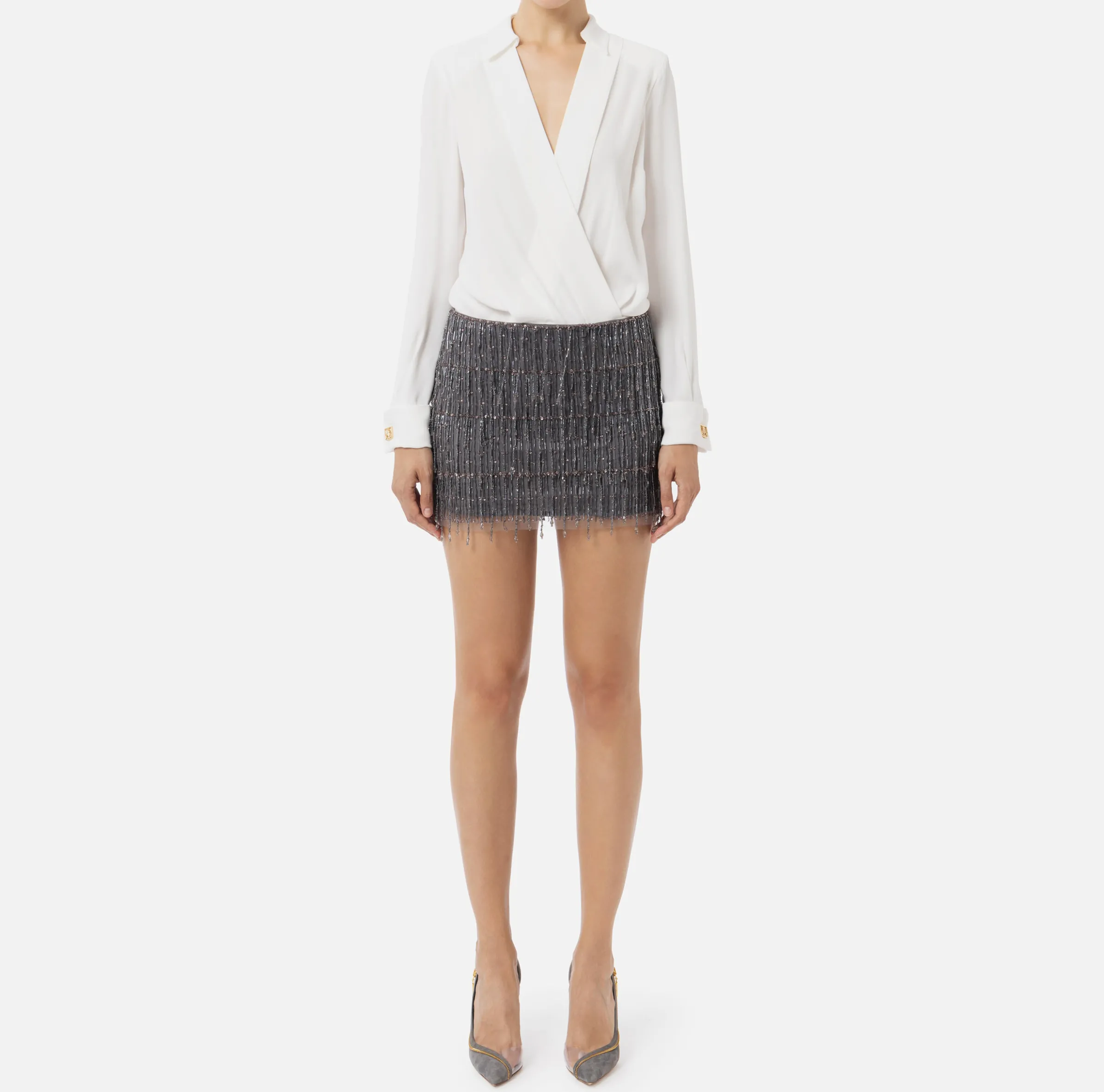 Miniabito a camicia con gonna ricamata in paillettes