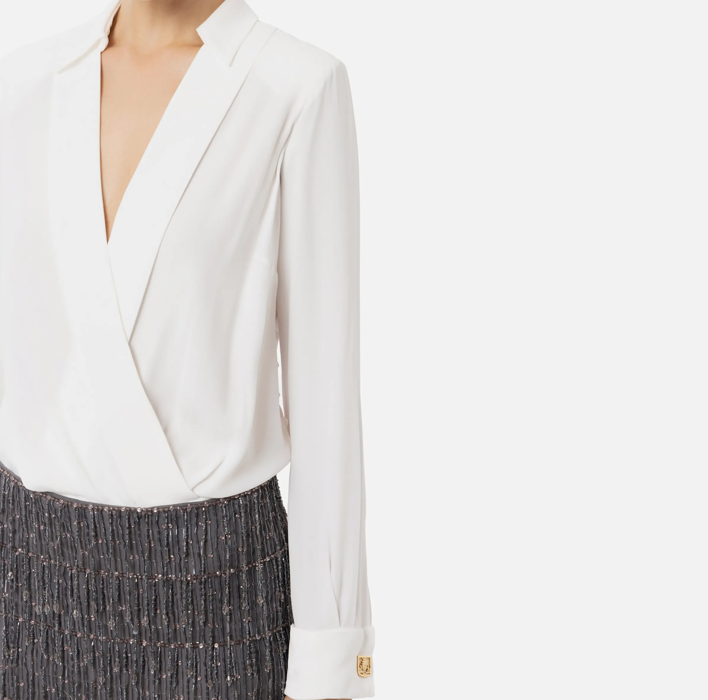 Miniabito a camicia con gonna ricamata in paillettes