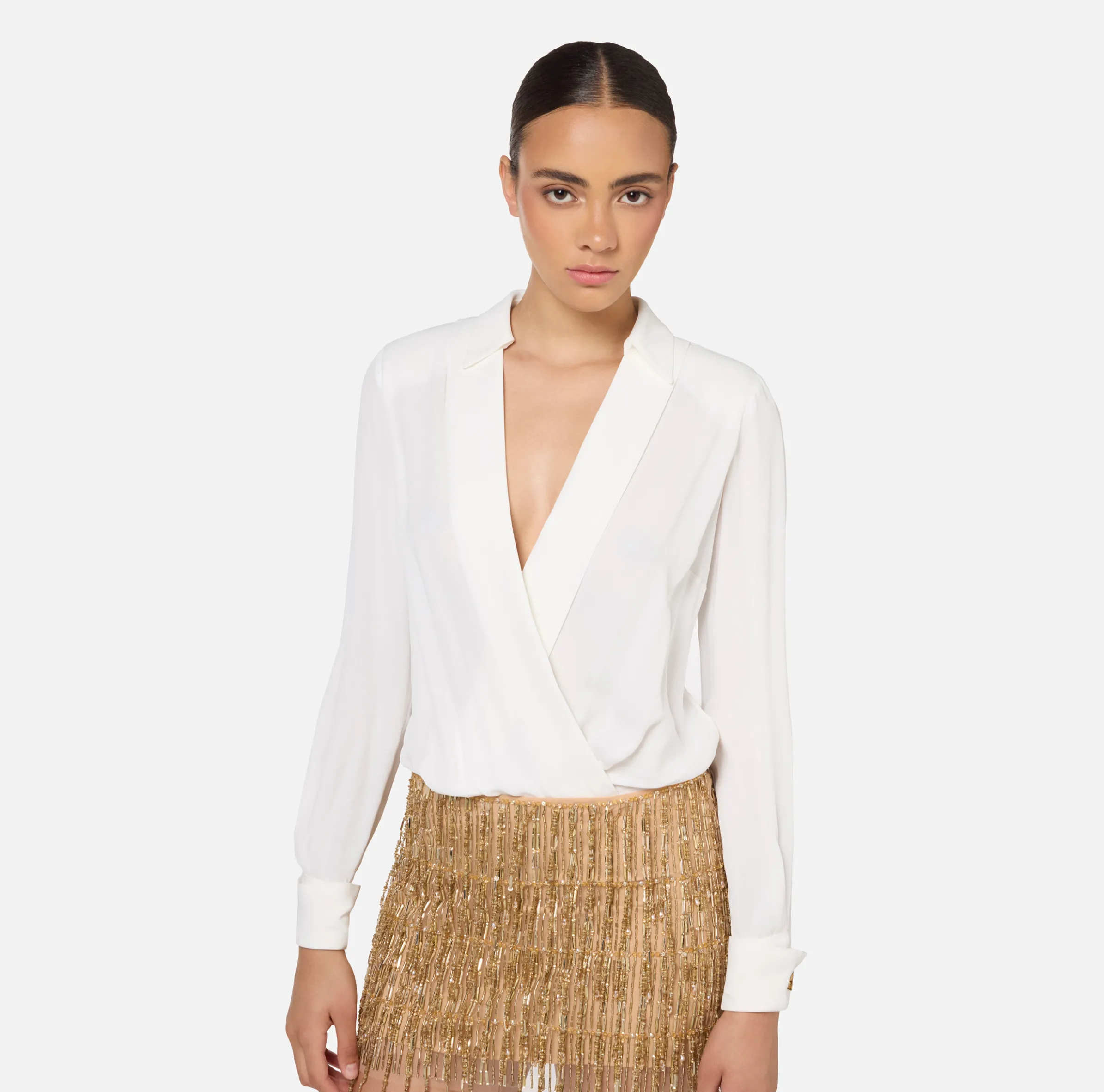 Miniabito a camicia con gonna ricamata in paillettes