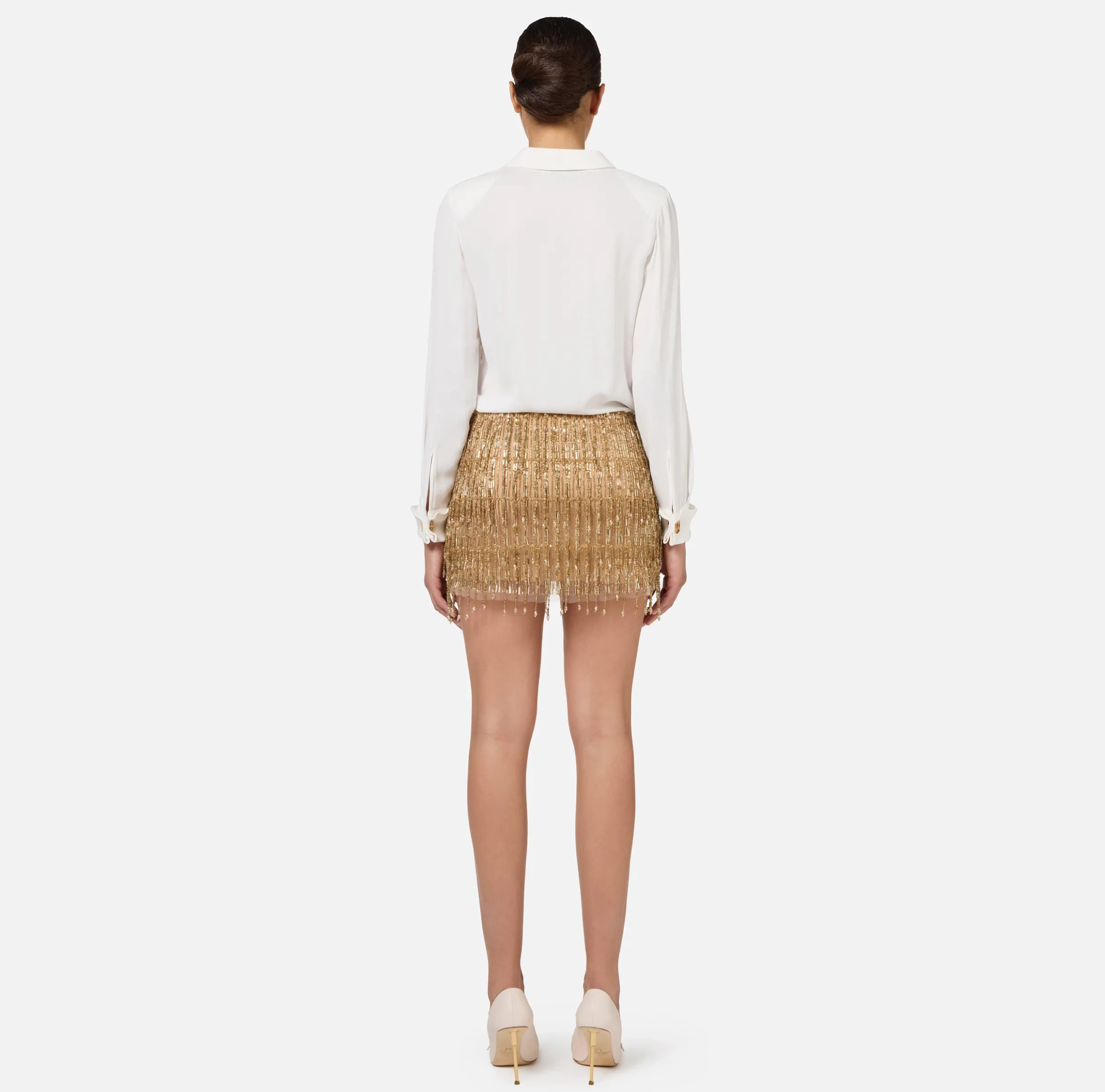 Miniabito a camicia con gonna ricamata in paillettes