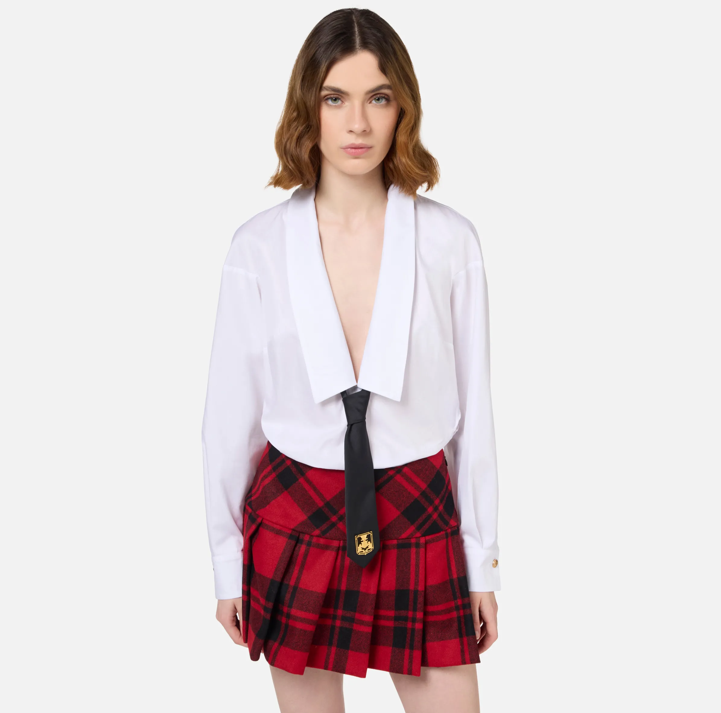 Miniabito a camicia in popeline e gonna in tartan