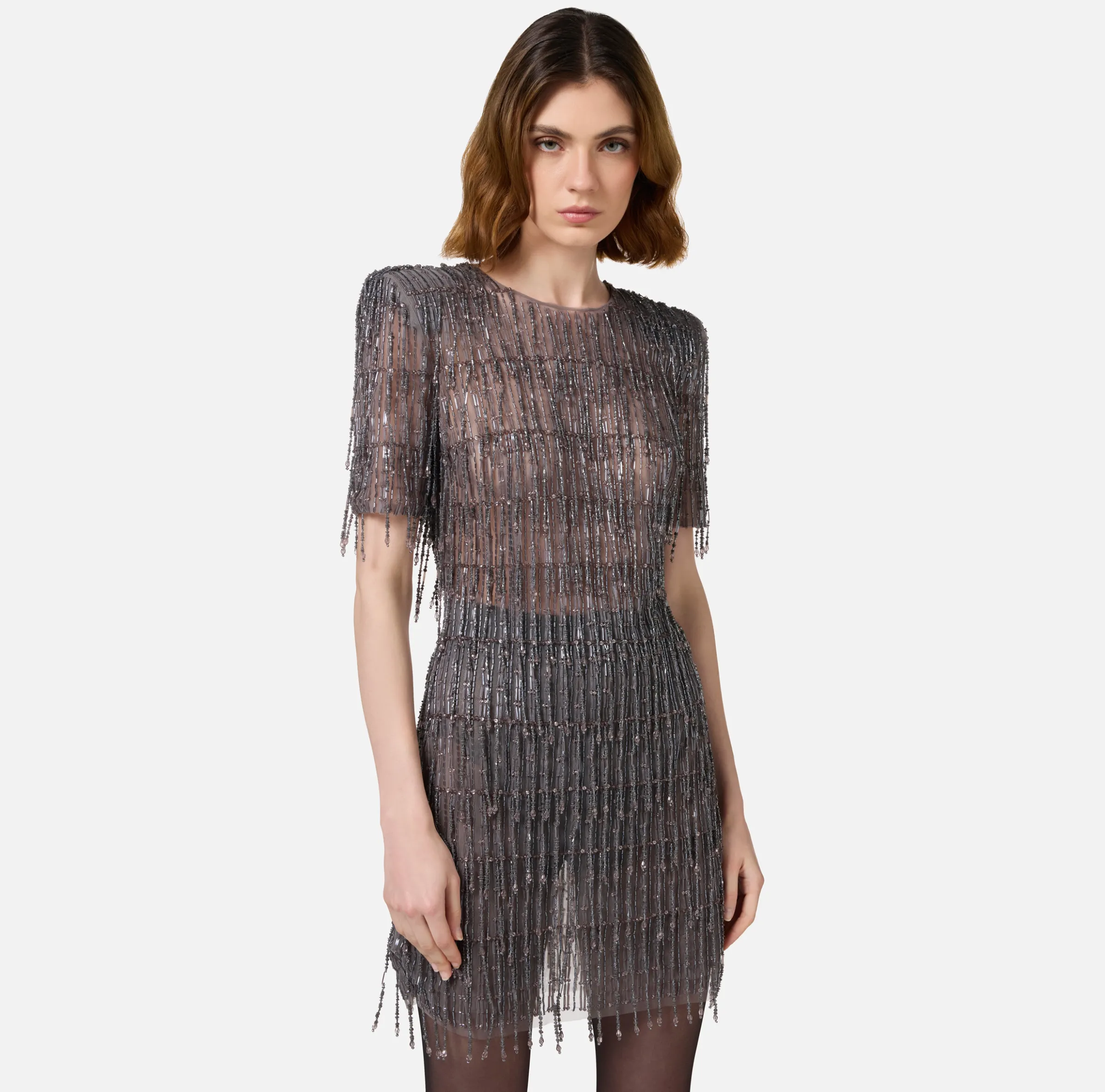 Miniabito boxy in tulle ricamato con paillettes