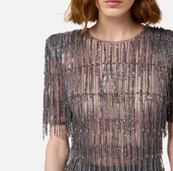 Miniabito boxy in tulle ricamato con paillettes