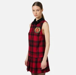 Miniabito in lana tartan con patch ricamato