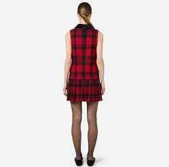 Miniabito in lana tartan con patch ricamato