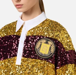 Miniabito in paillettes a righe con colletto a camicia