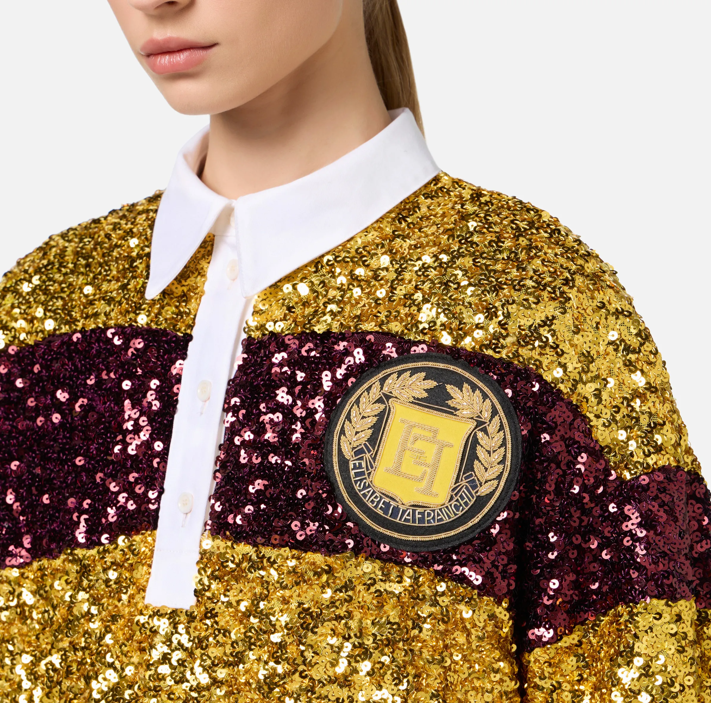 Miniabito in paillettes a righe con colletto a camicia