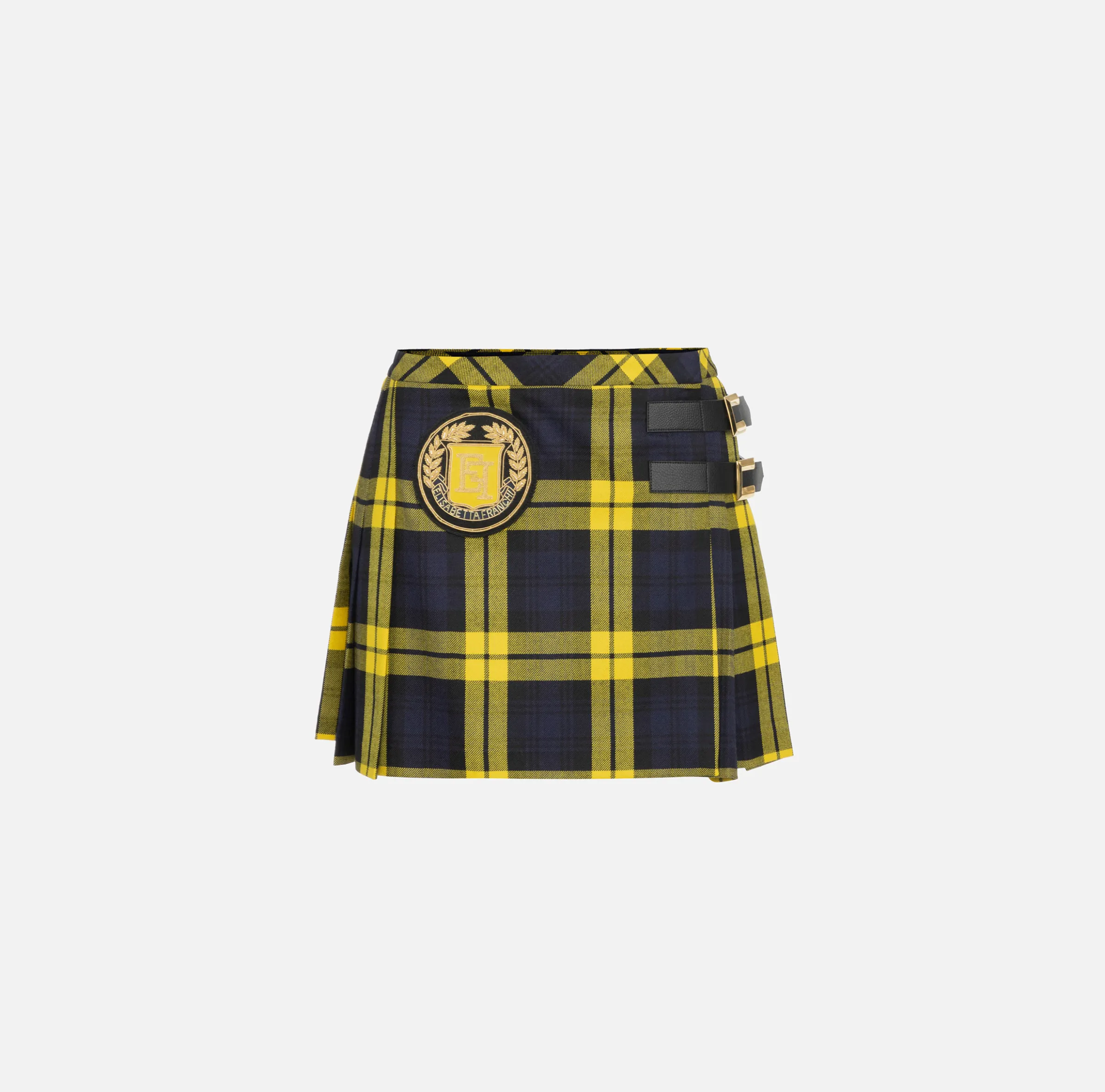 Minigonna a pieghe in lana tartan con patch ricamato