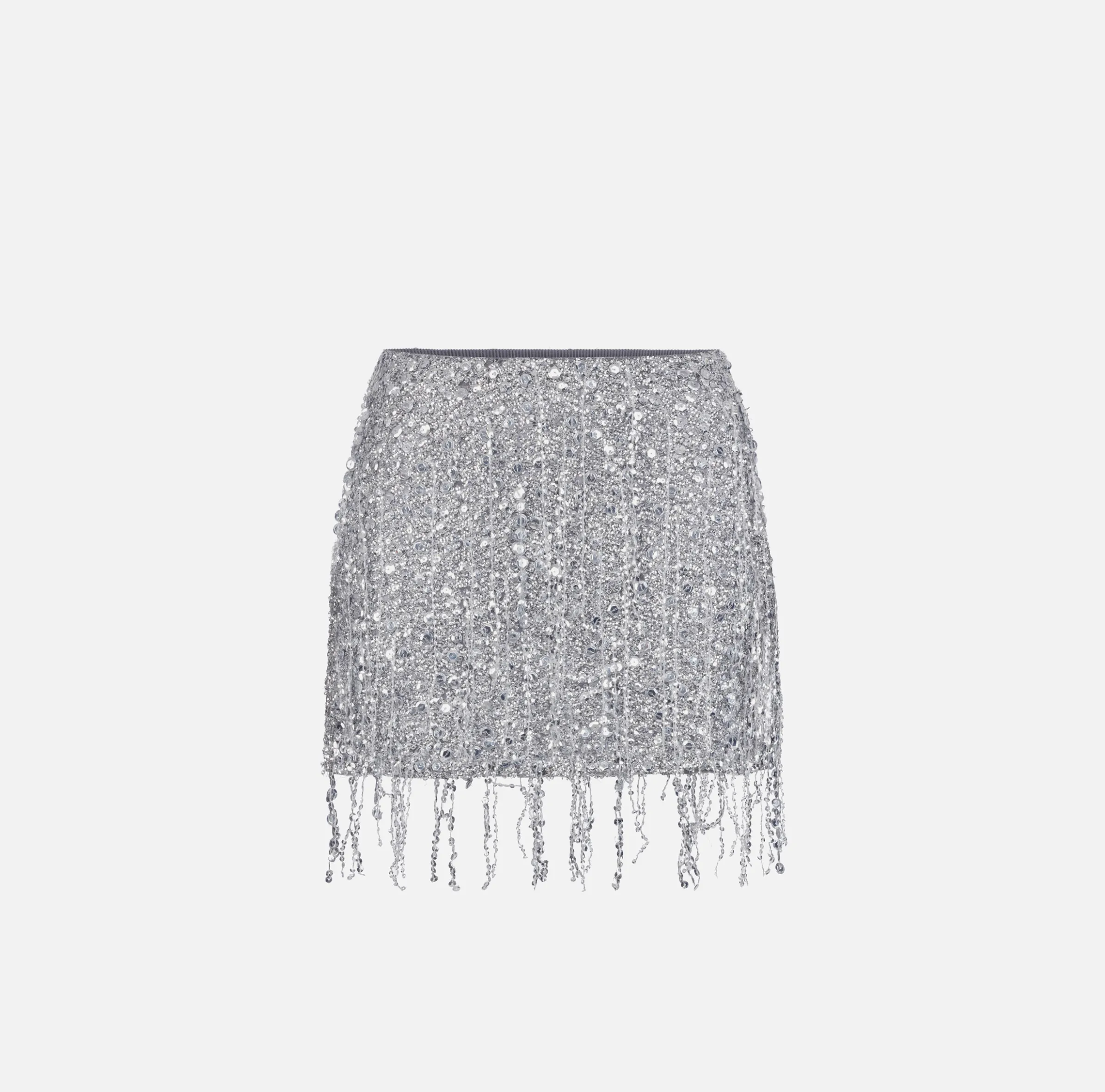 Minigonna in tulle ricamata con frange di paillettes