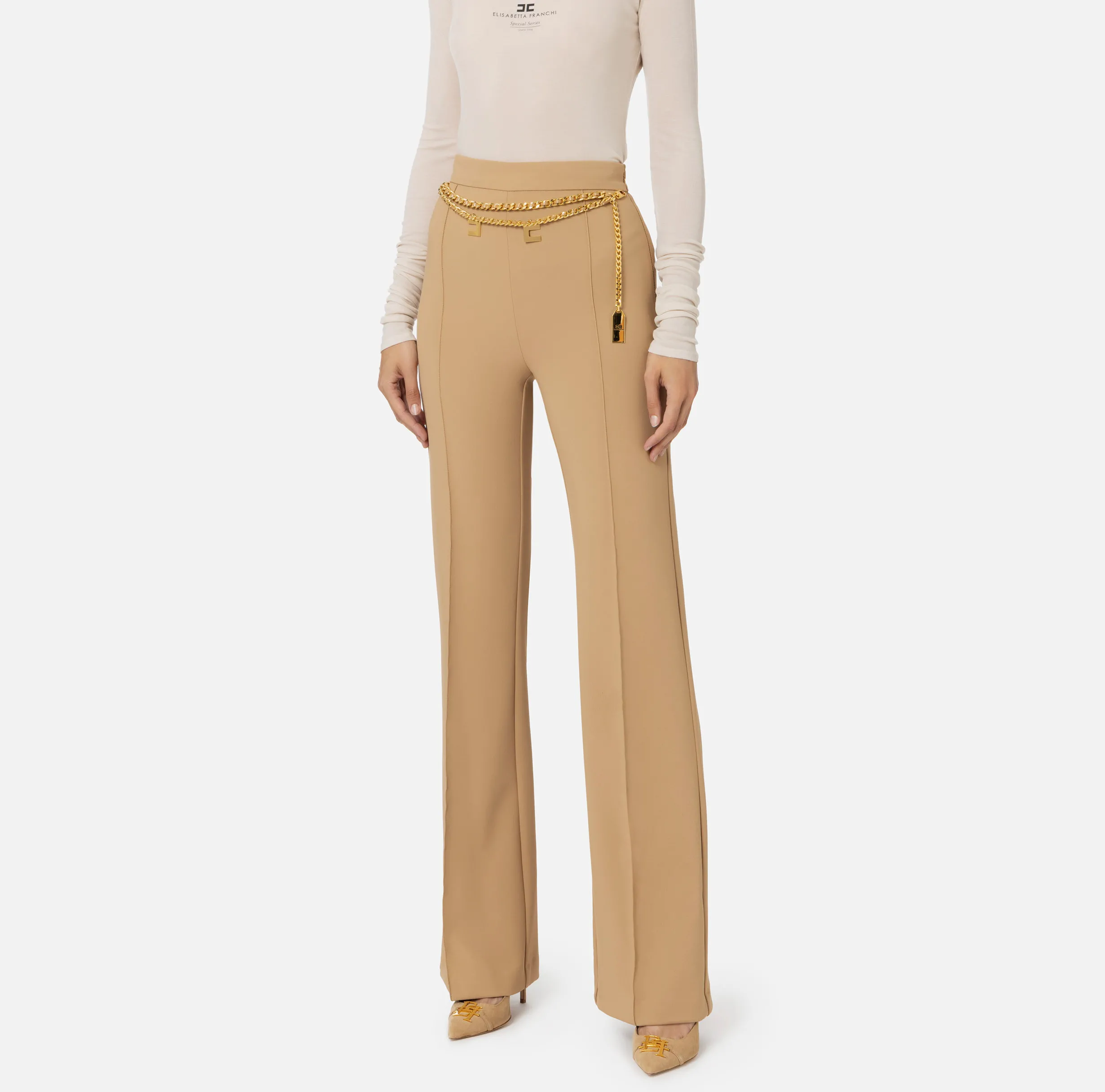 Pantalone a palazzo in crêpe stretch con cintura