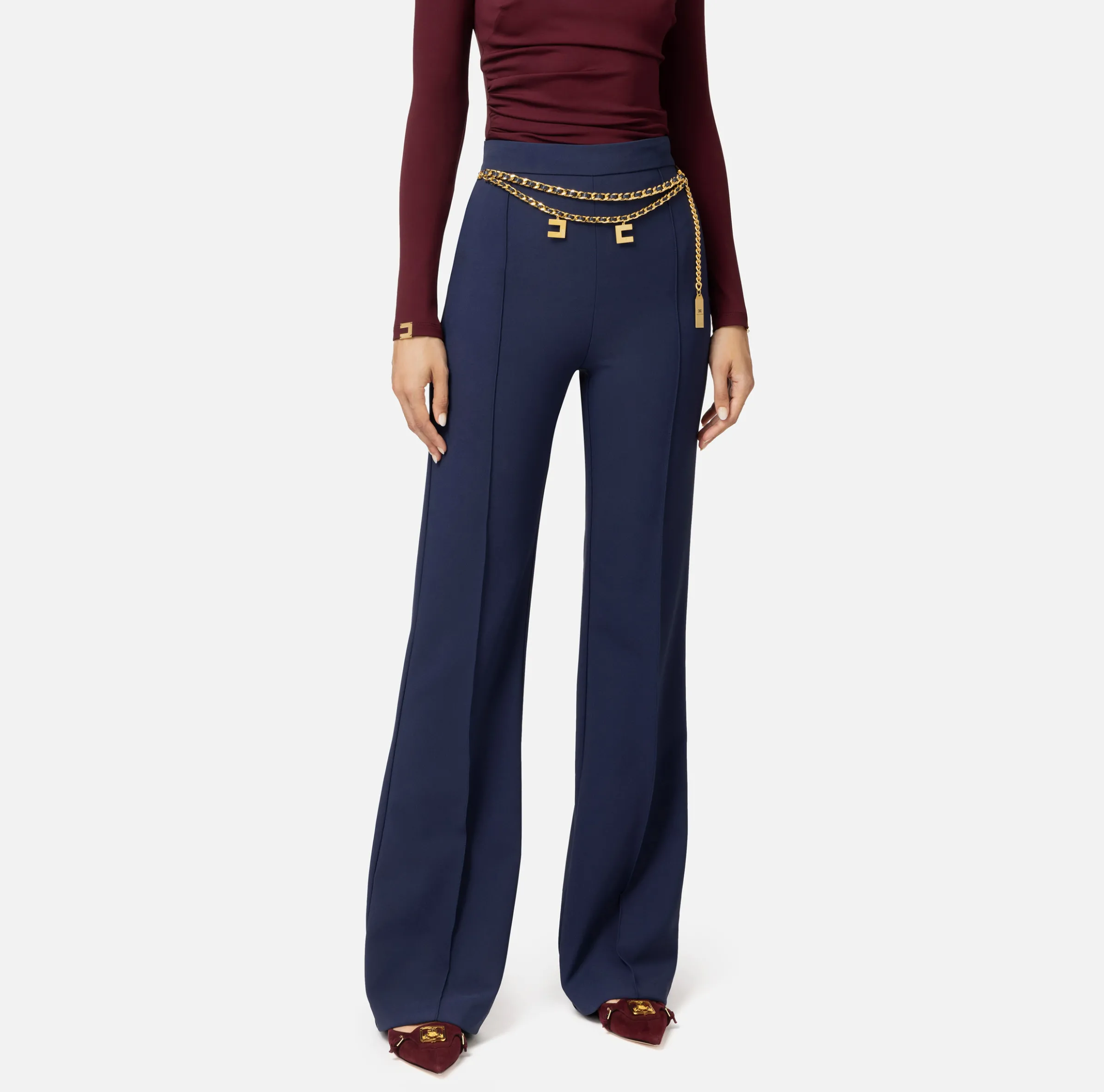 Pantalone a palazzo in crêpe stretch con cintura