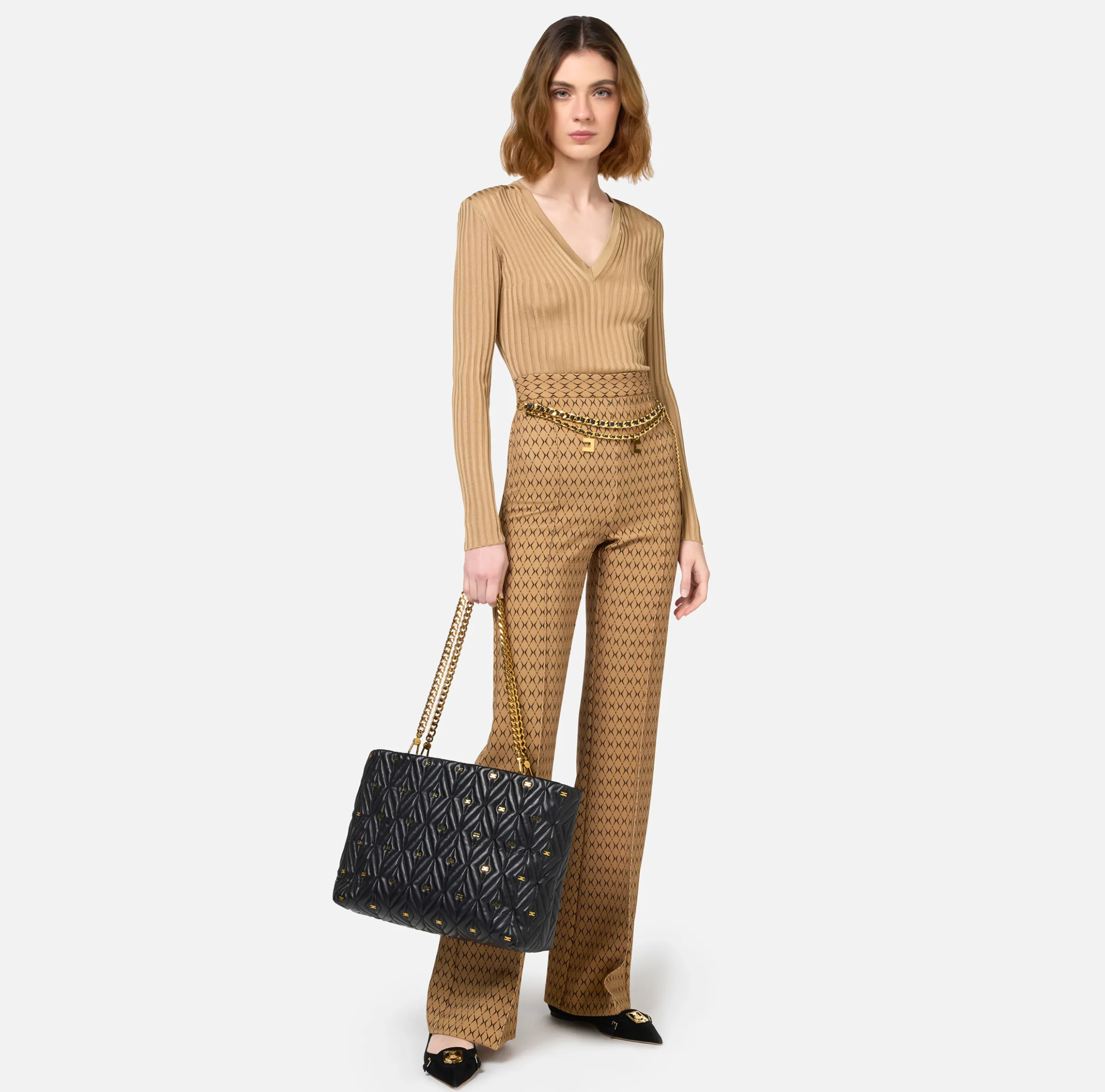 Pantalone a palazzo in crêpe stampa rombo con catena