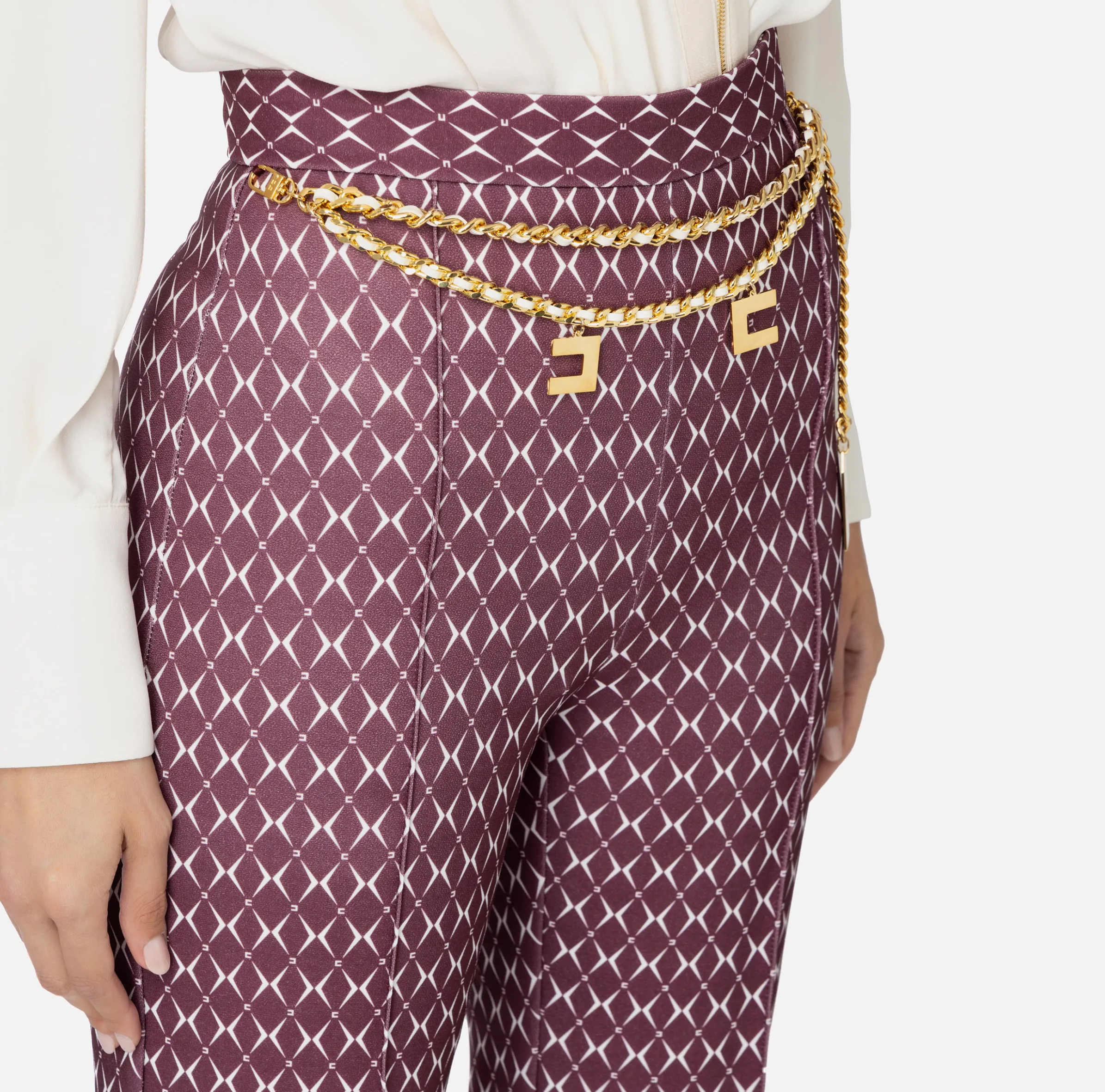 Pantalone a palazzo in crêpe stampa rombo con catena