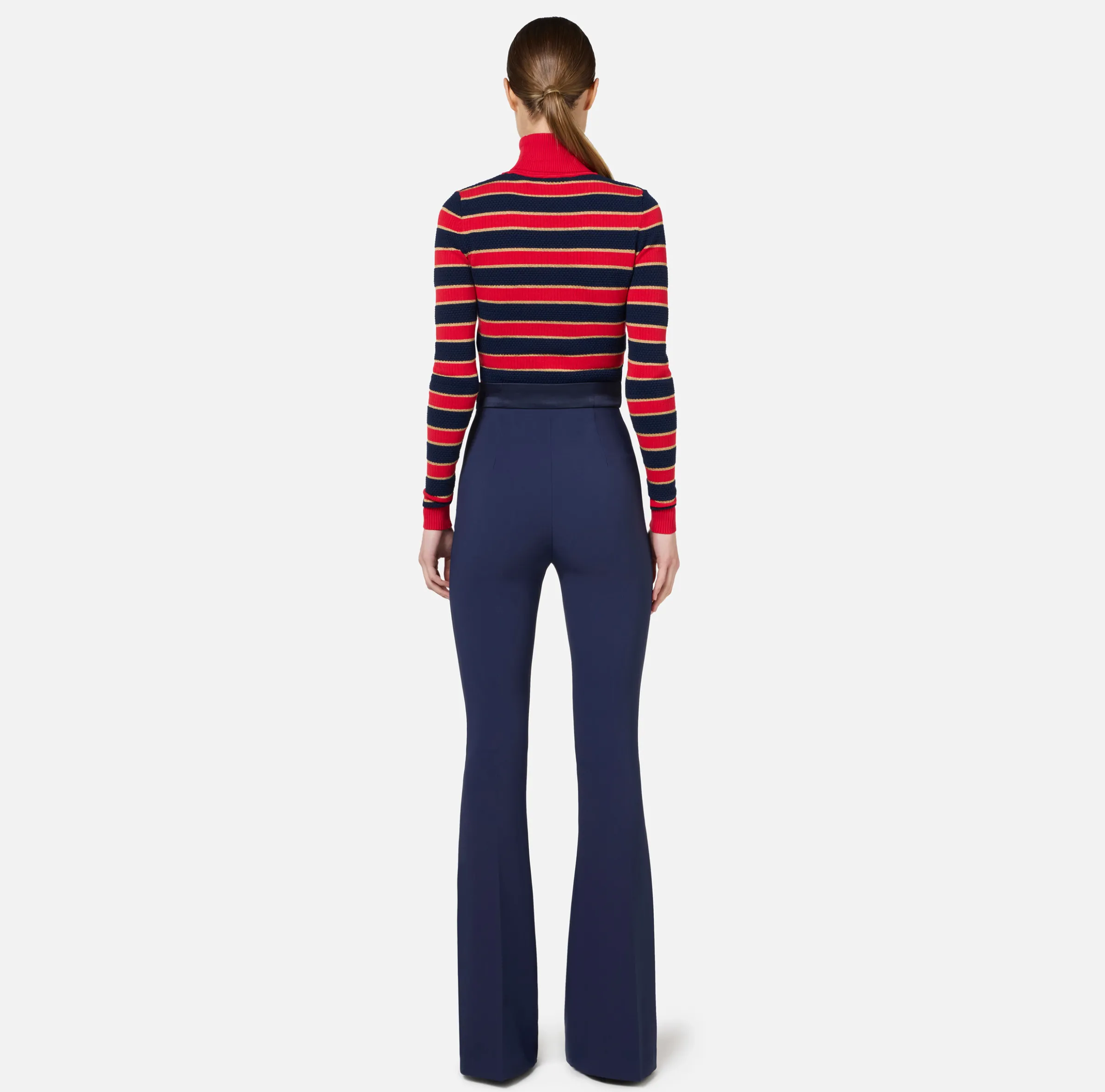 Pantalone a zampa in crêpe con fascione in raso