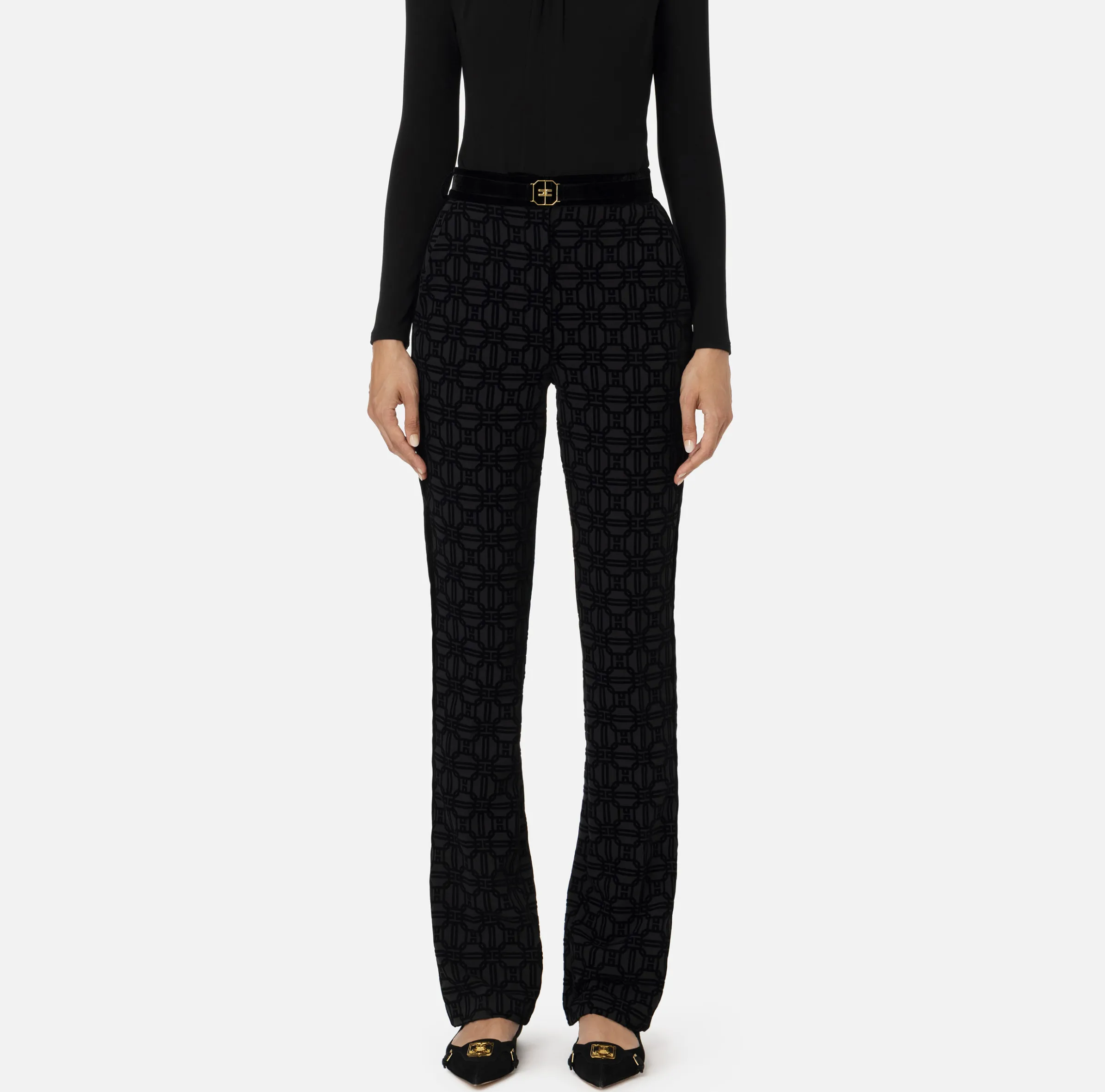 Pantalone dritto in crêpe flock con cintura