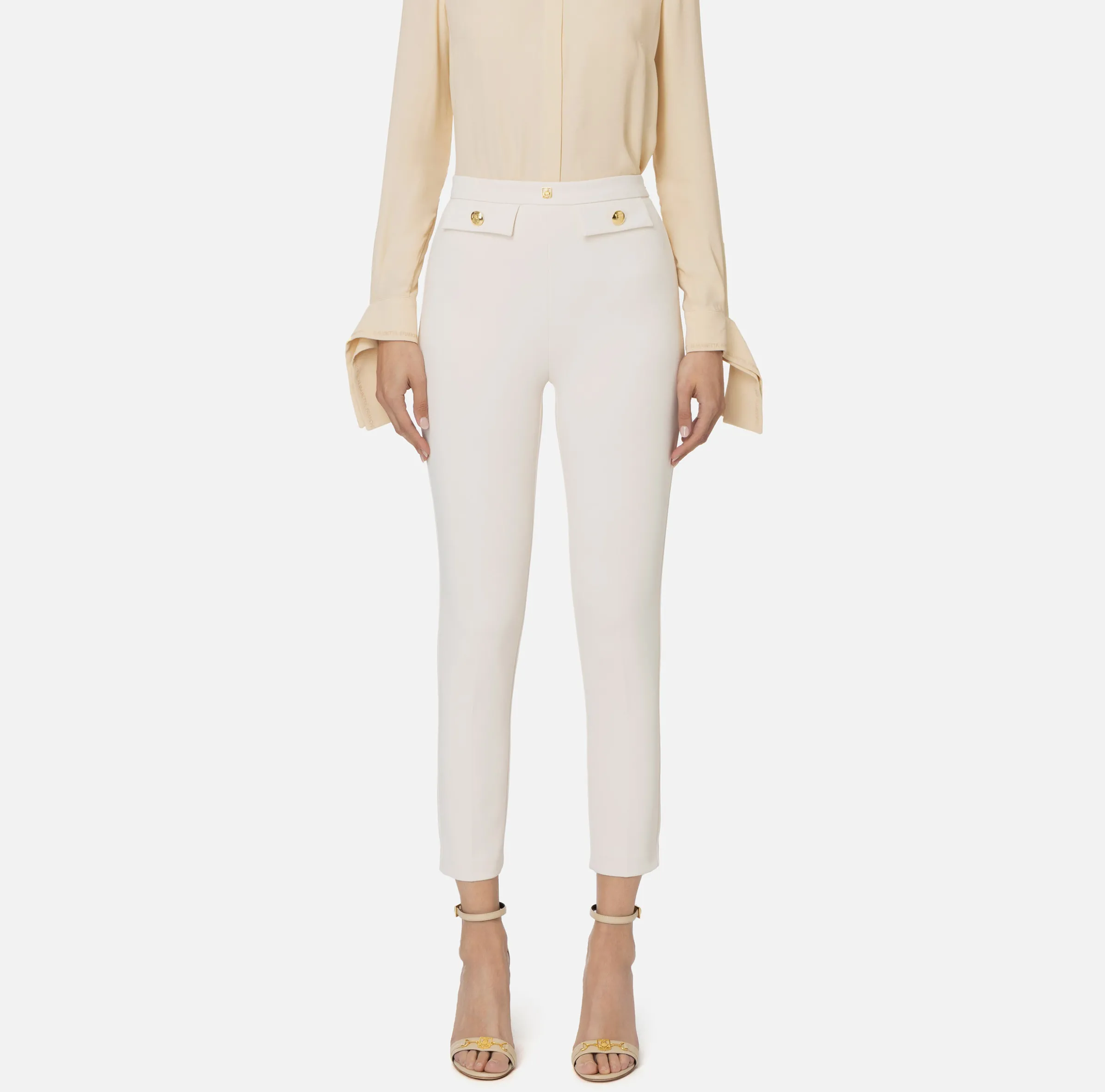 Pantalone dritto in crêpe stretch con rivetto logo