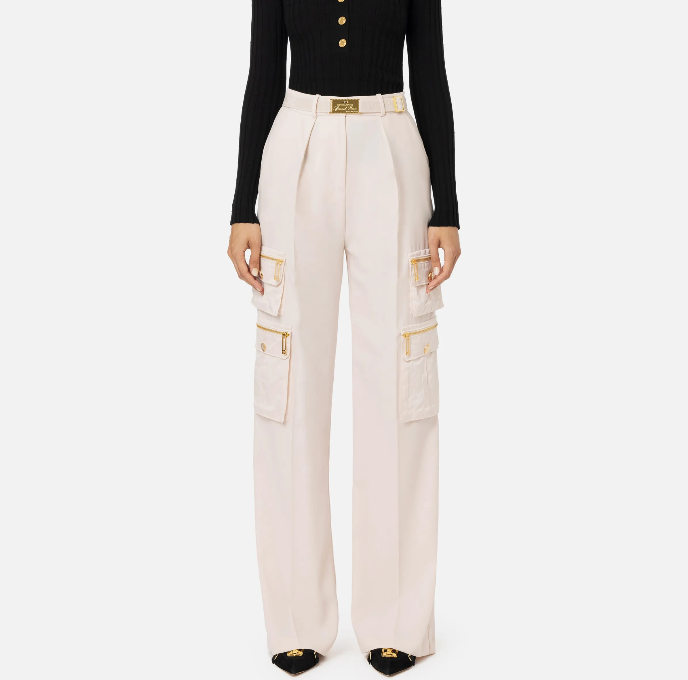 Pantalone dritto in crêpe con tasche e cintura