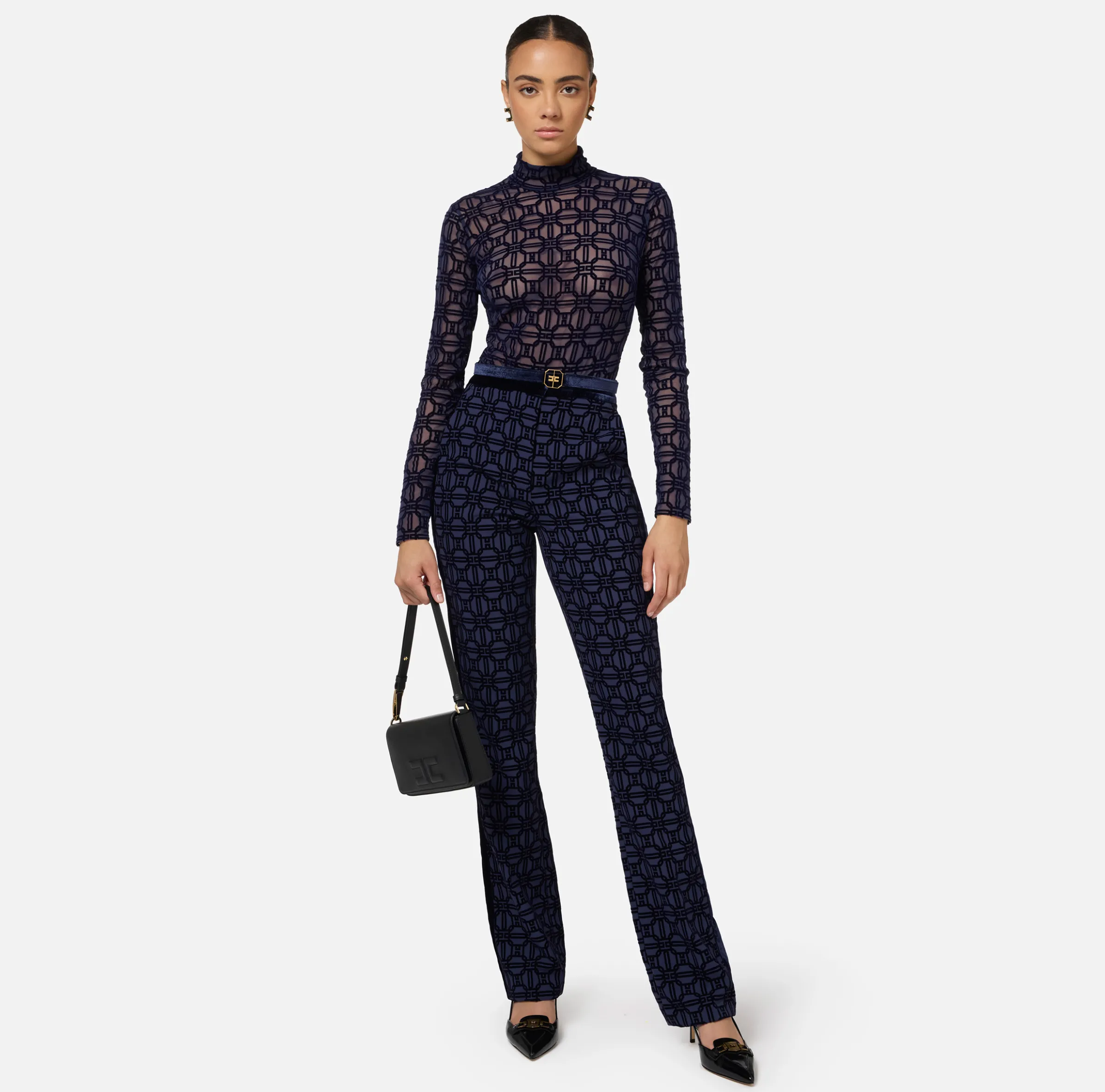 Pantalone dritto in crêpe flock con cintura