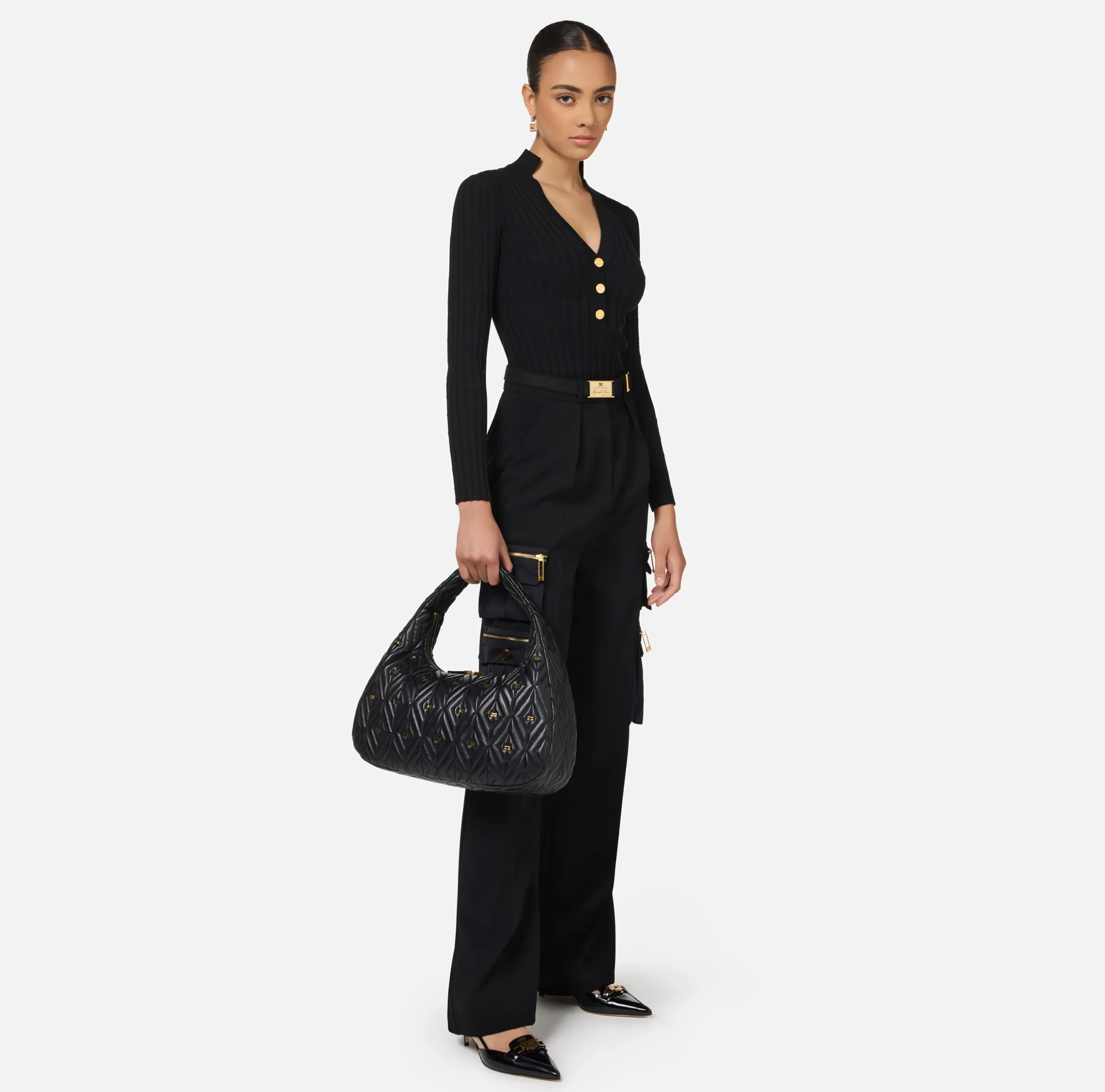 Pantalone dritto in crêpe con tasche e cintura