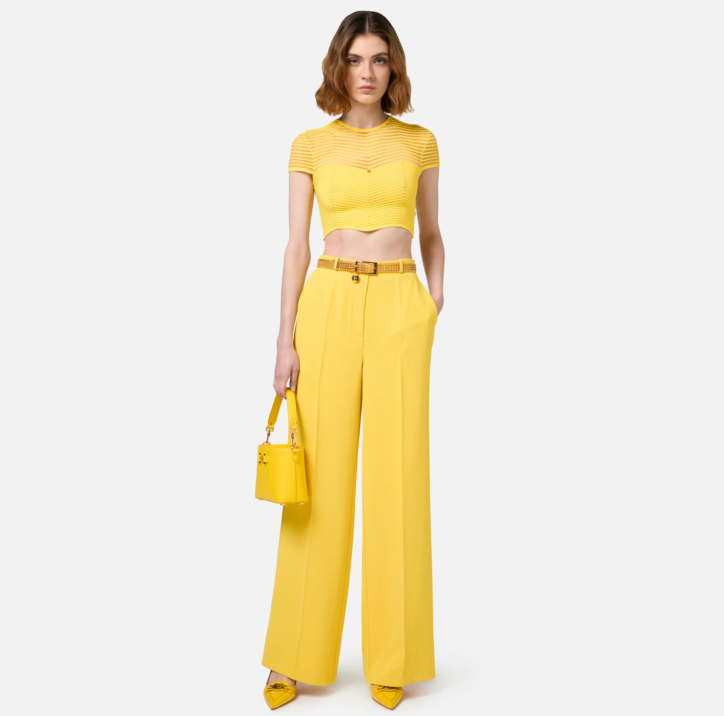 Pantalone dritto in crêpe fermo con placca logo