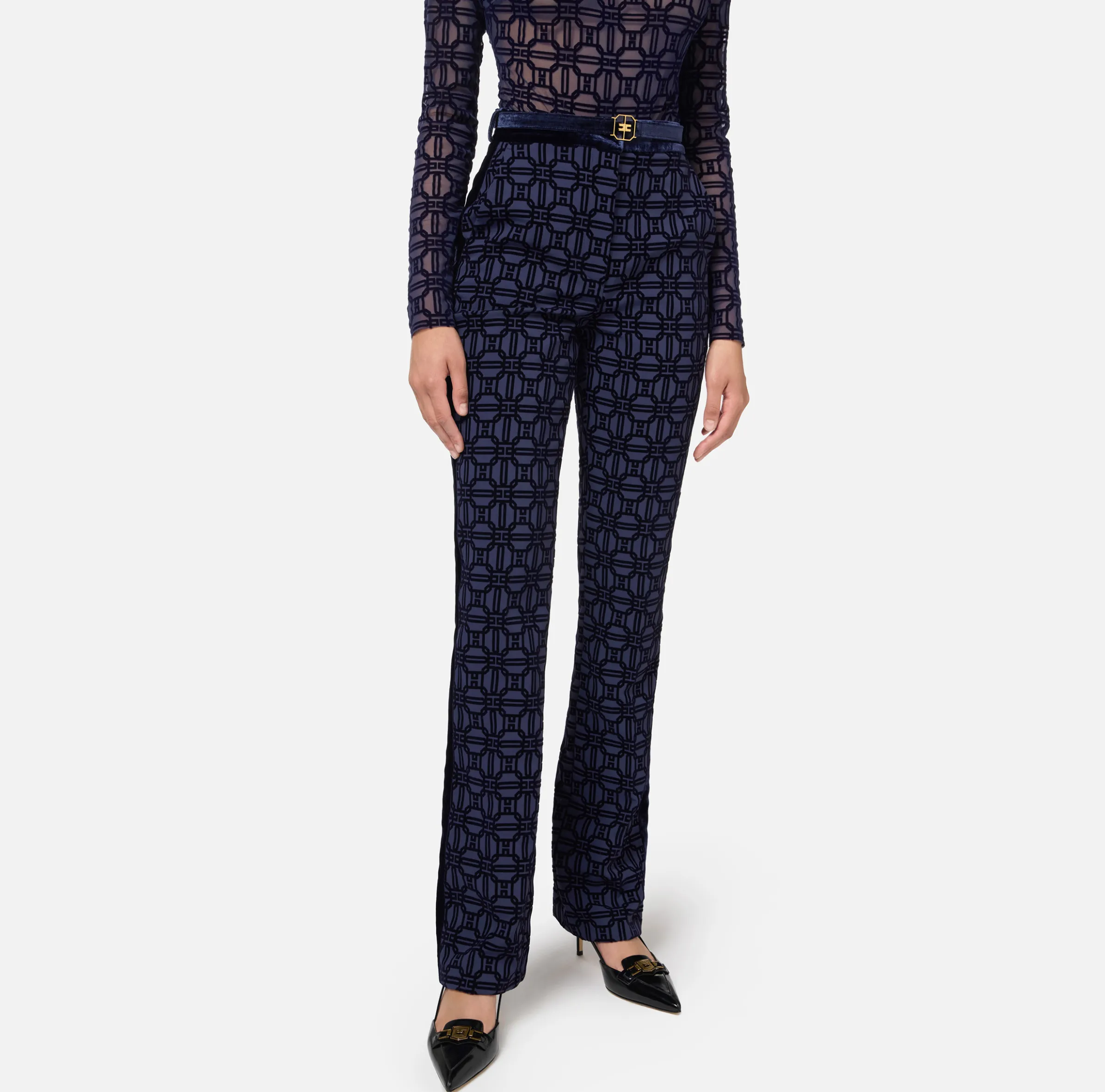 Pantalone dritto in crêpe flock con cintura