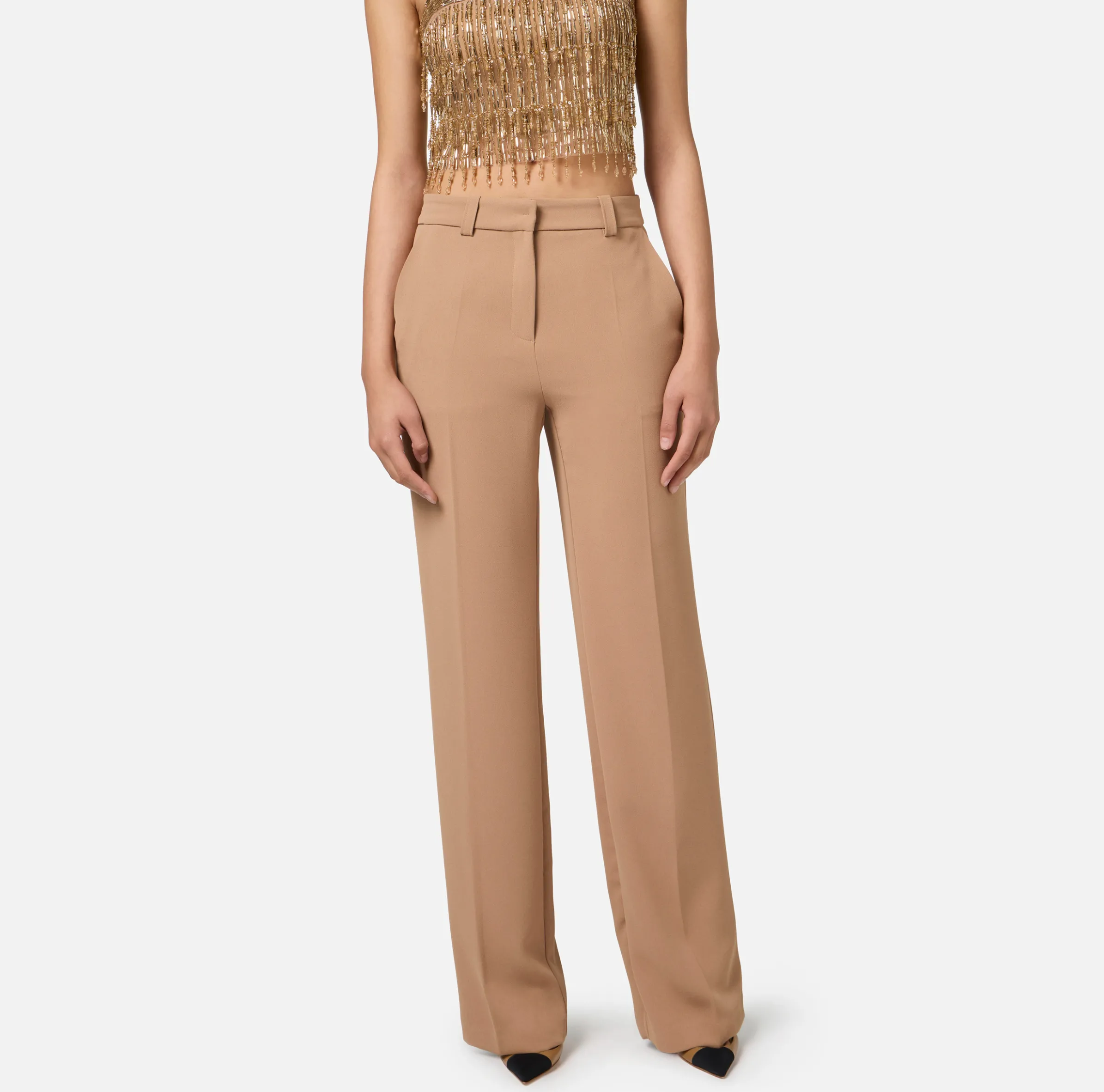 Pantalone dritto in crêpe con ricamo stemma