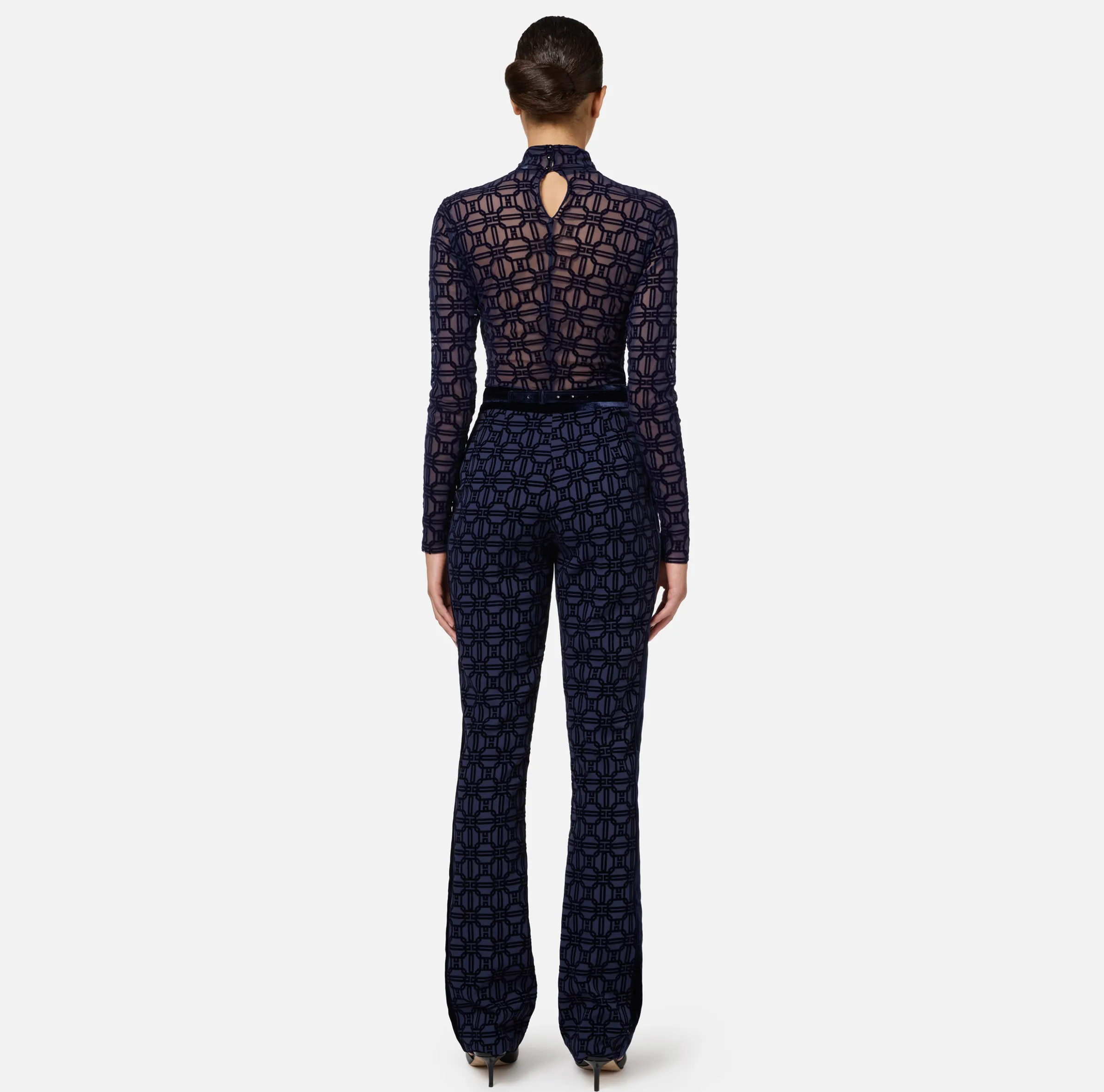 Pantalone dritto in crêpe flock con cintura