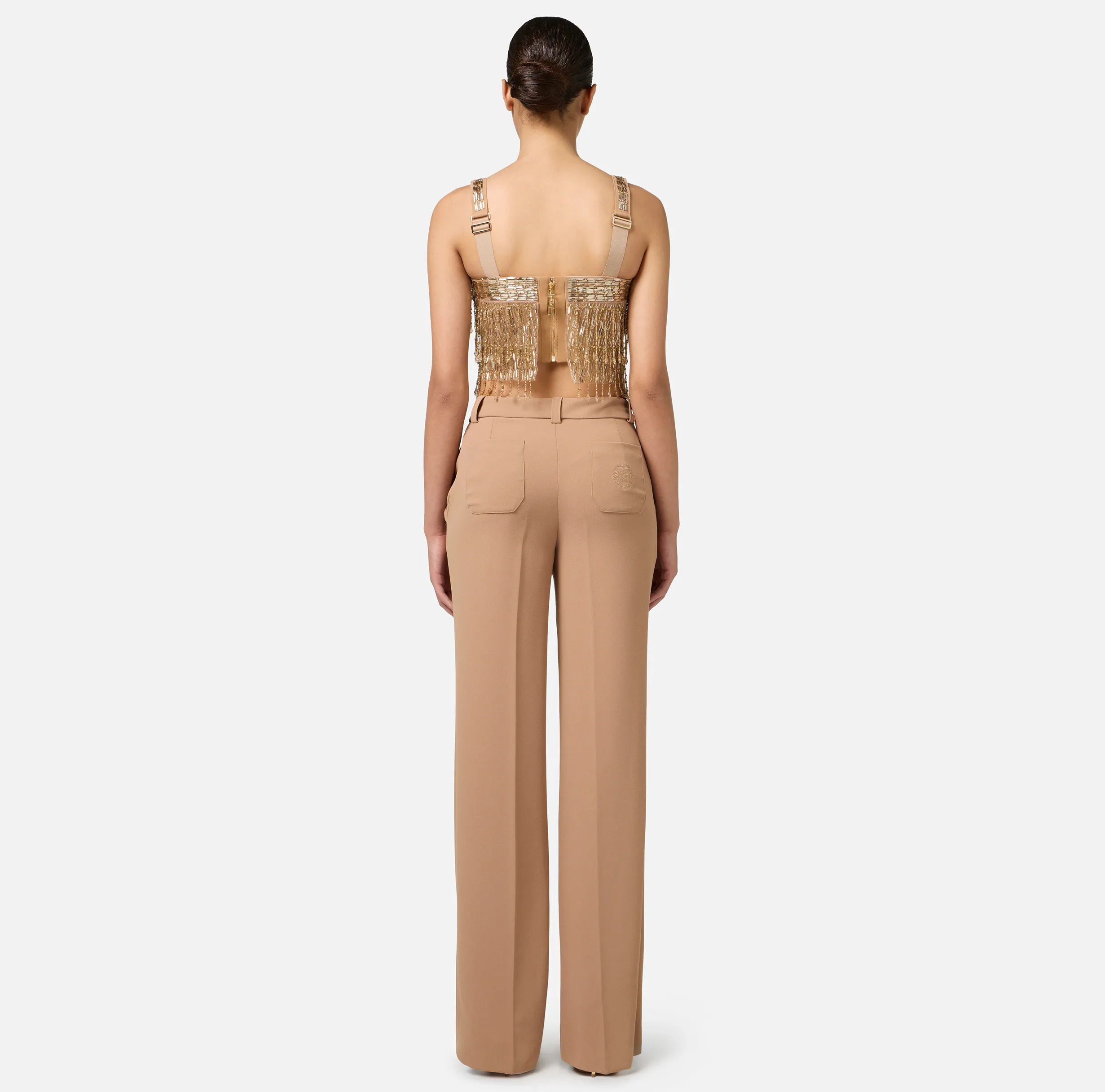 Pantalone dritto in crêpe stretch con bande e ricamo logo