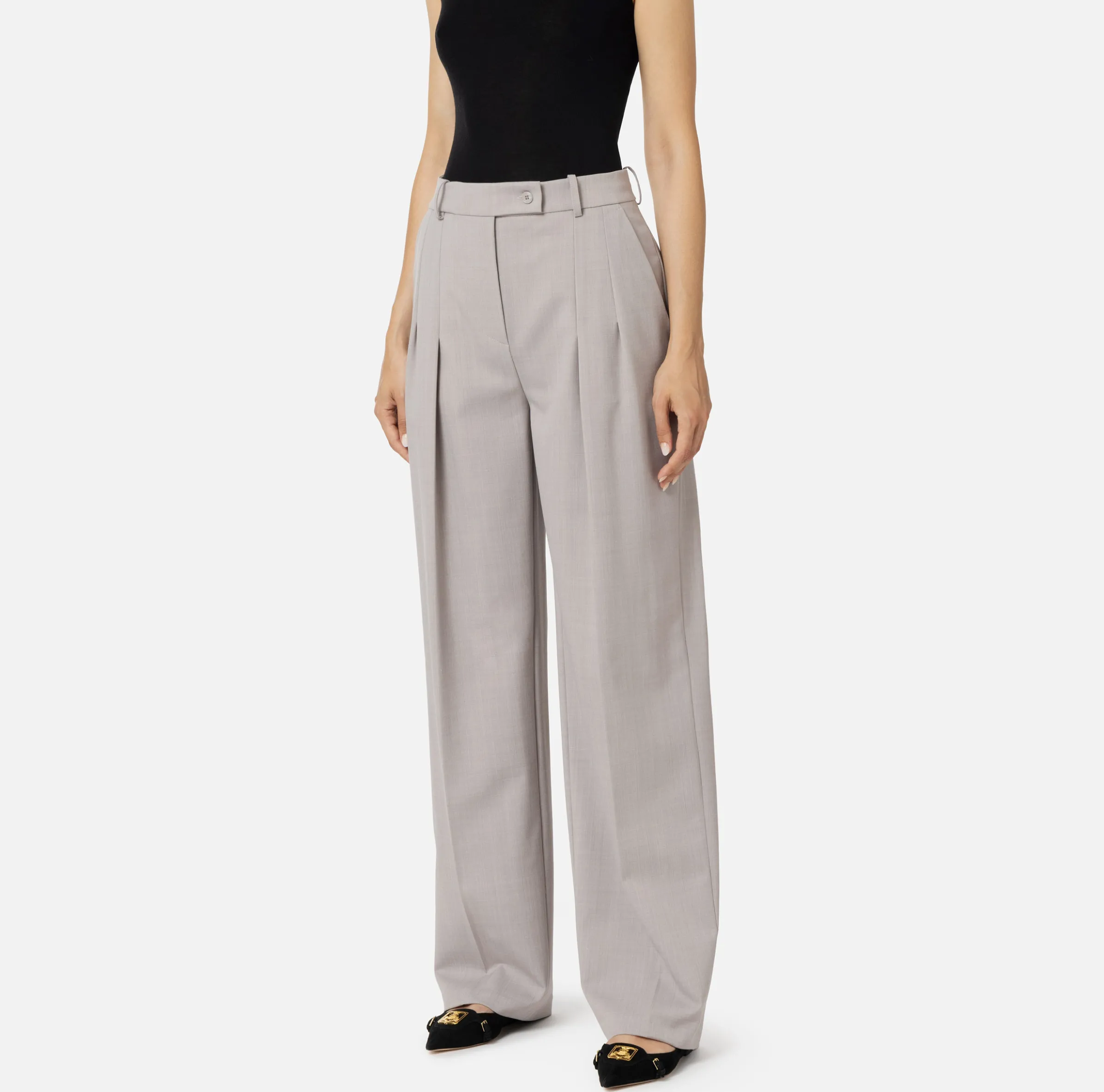 Pantalone dritto in fresco lana mélange con doppie pinces