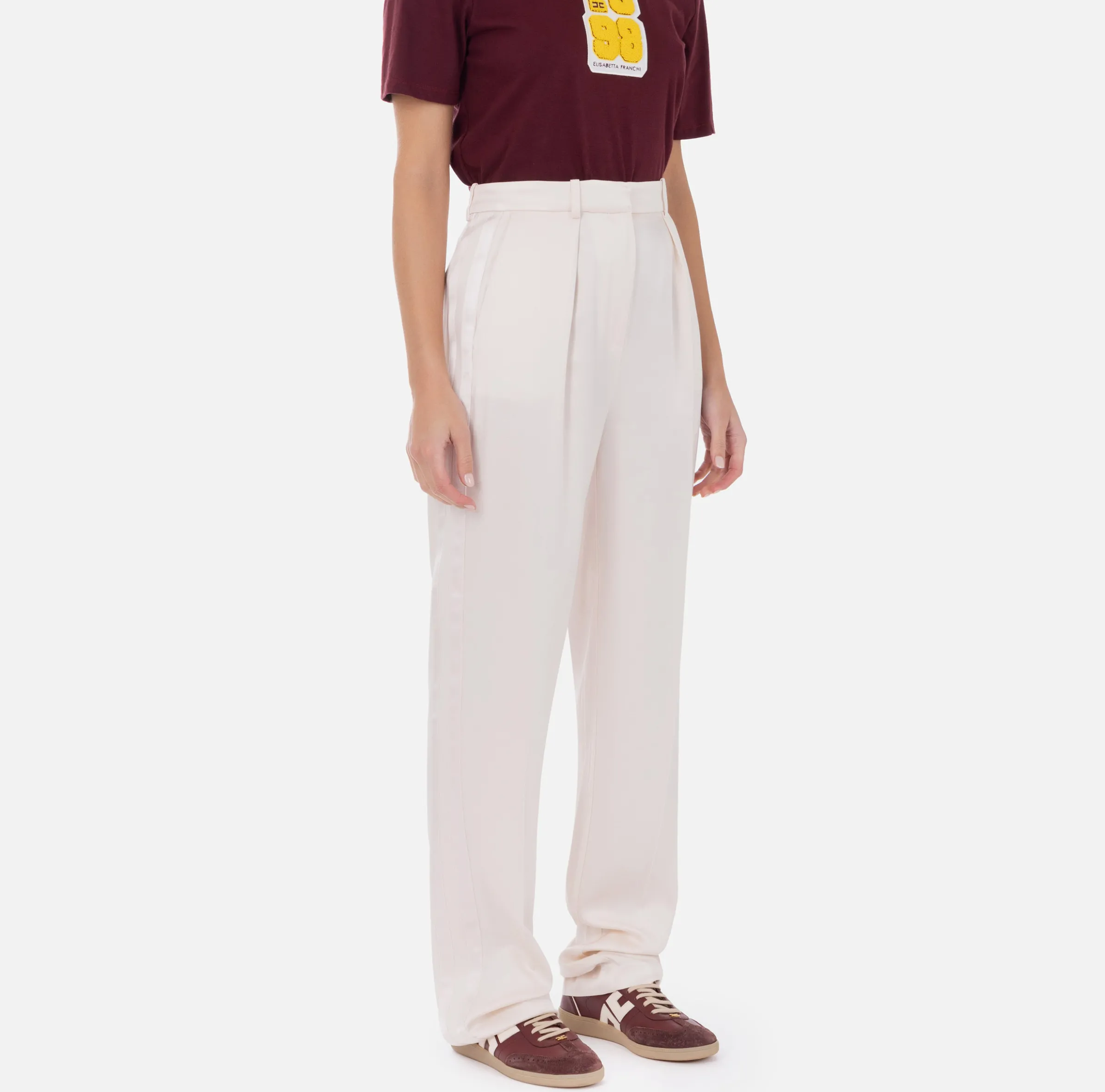 Pantalone dritto in satin con bande in raso