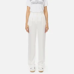 Pantalone dritto in satin con bande in raso