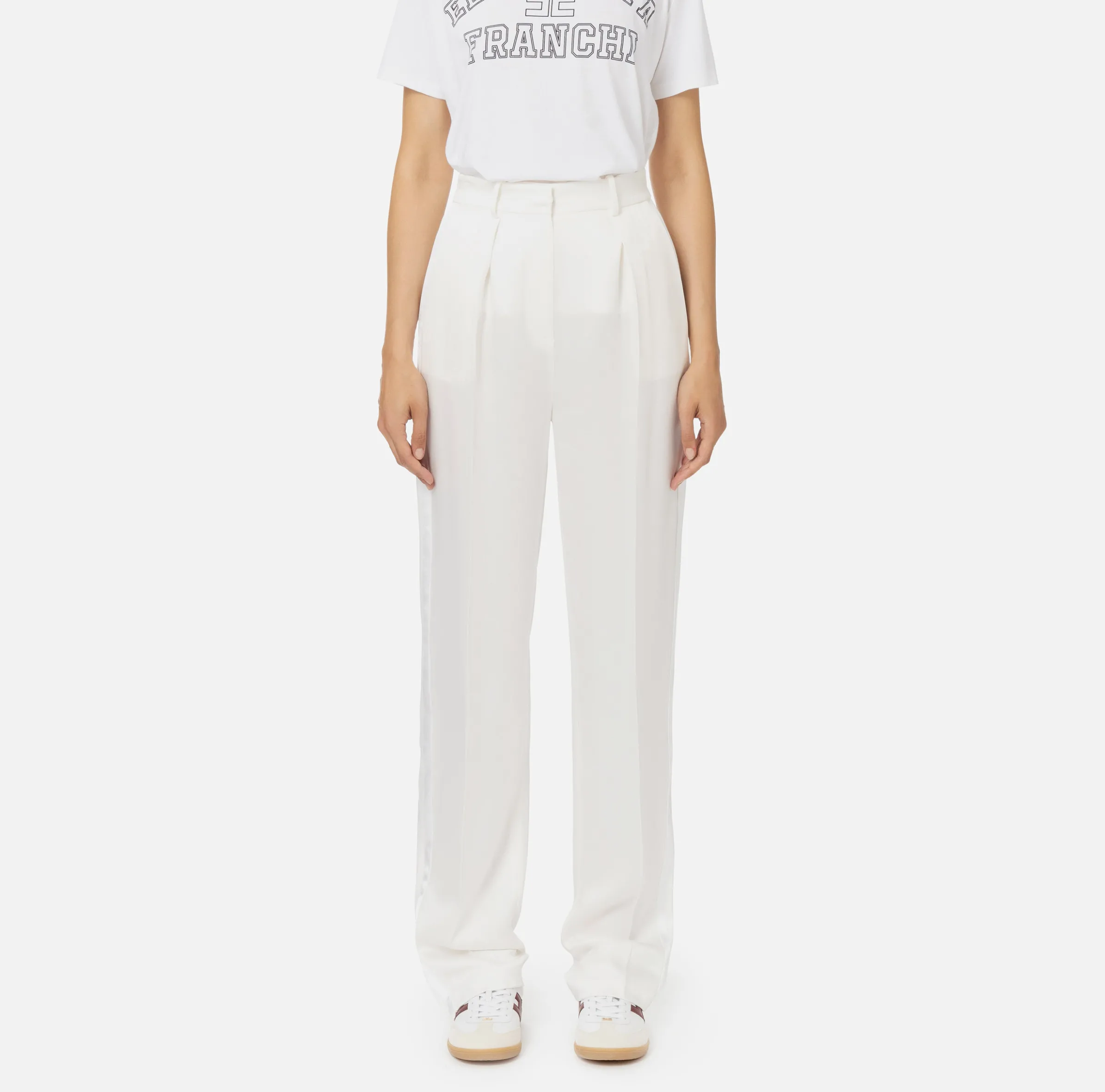 Pantalone dritto in satin con bande in raso