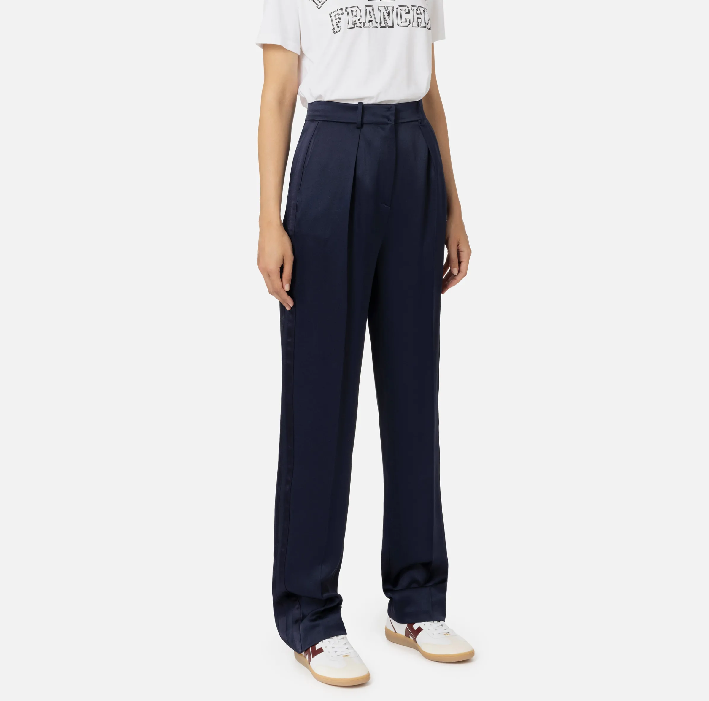 Pantalone dritto in satin con bande in raso