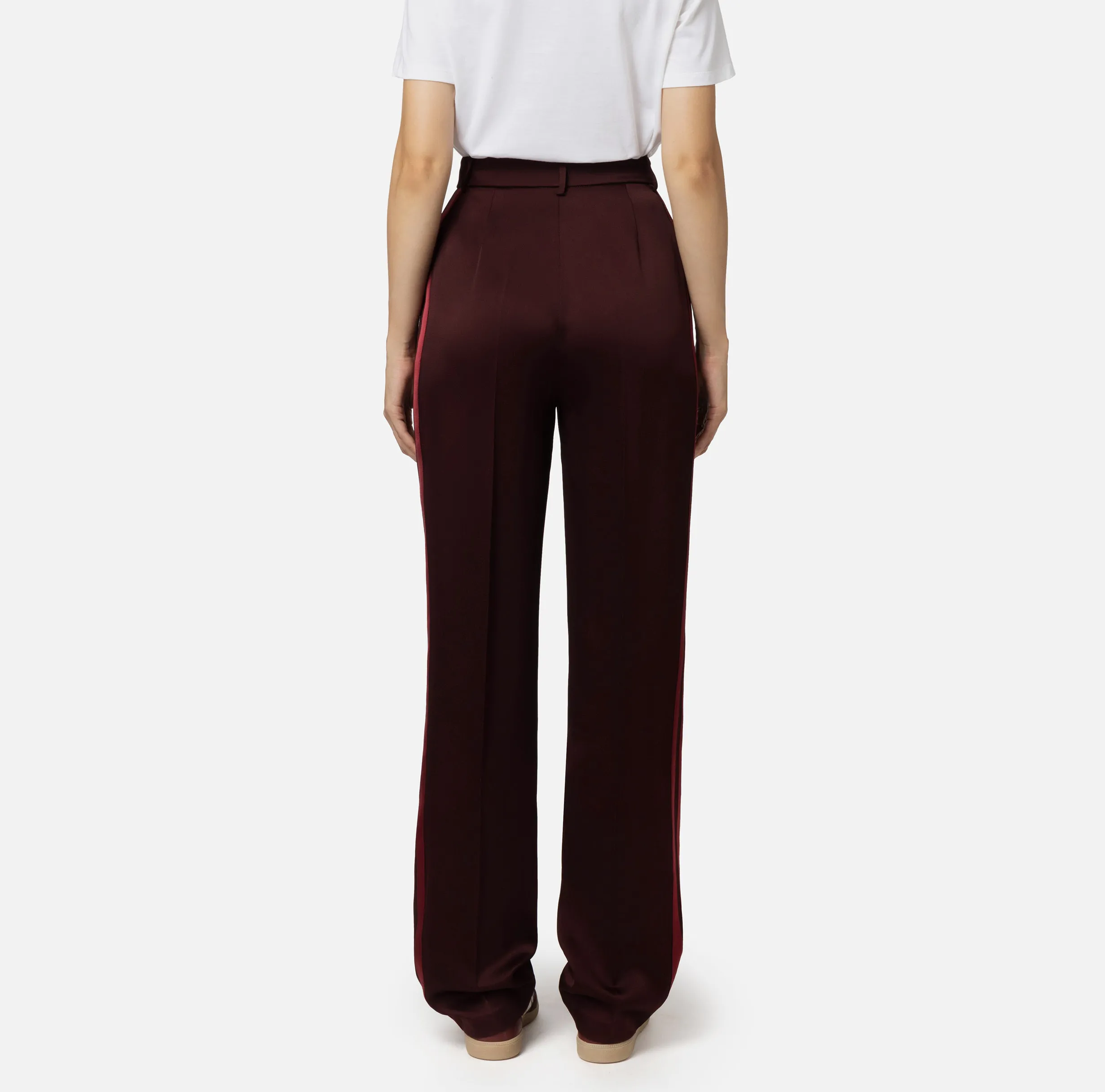 Pantalone dritto in satin con bande in raso