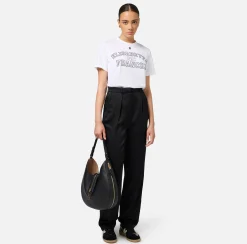 Pantalone dritto in satin con bande in raso