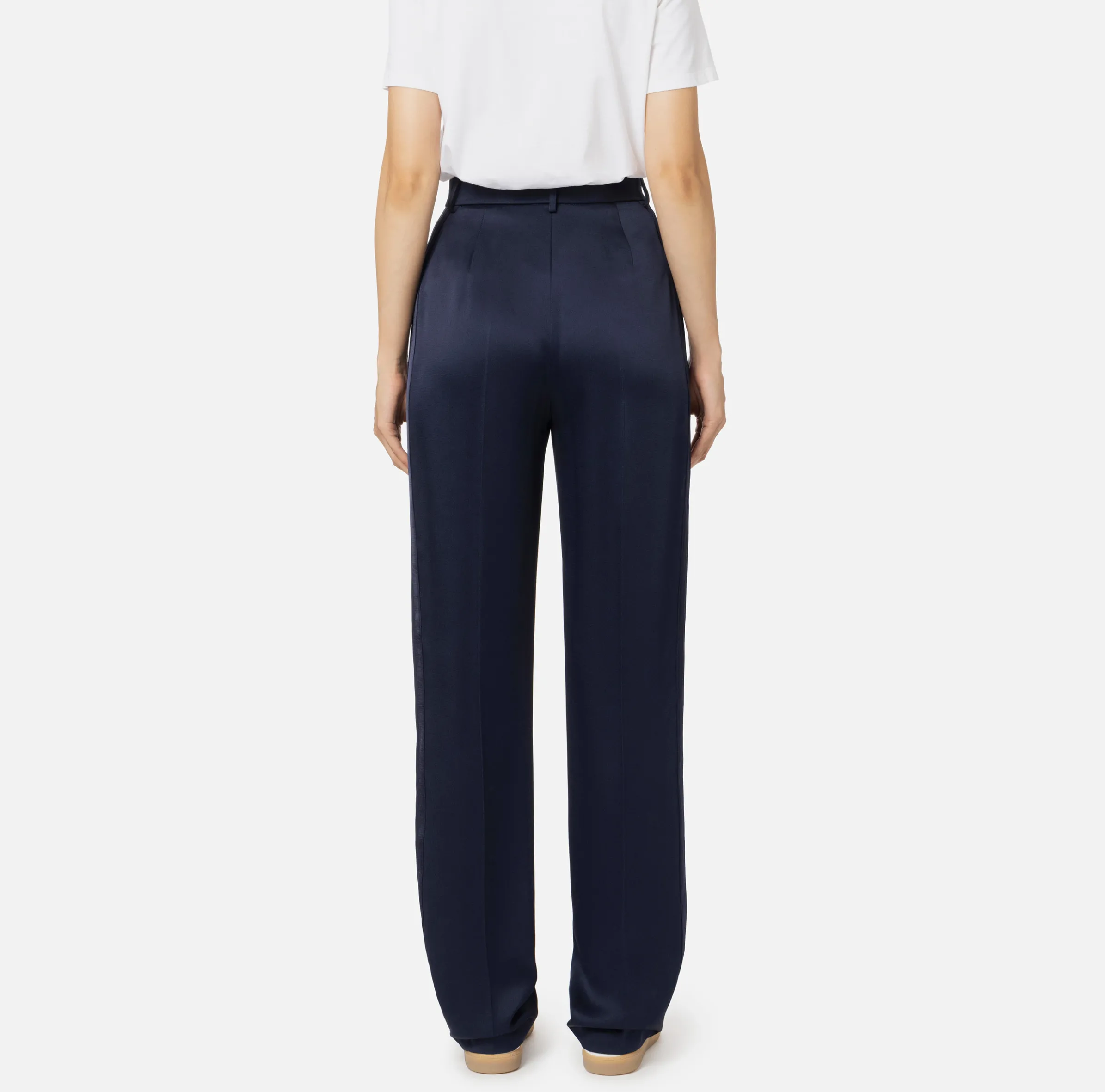 Pantalone dritto in satin con bande in raso