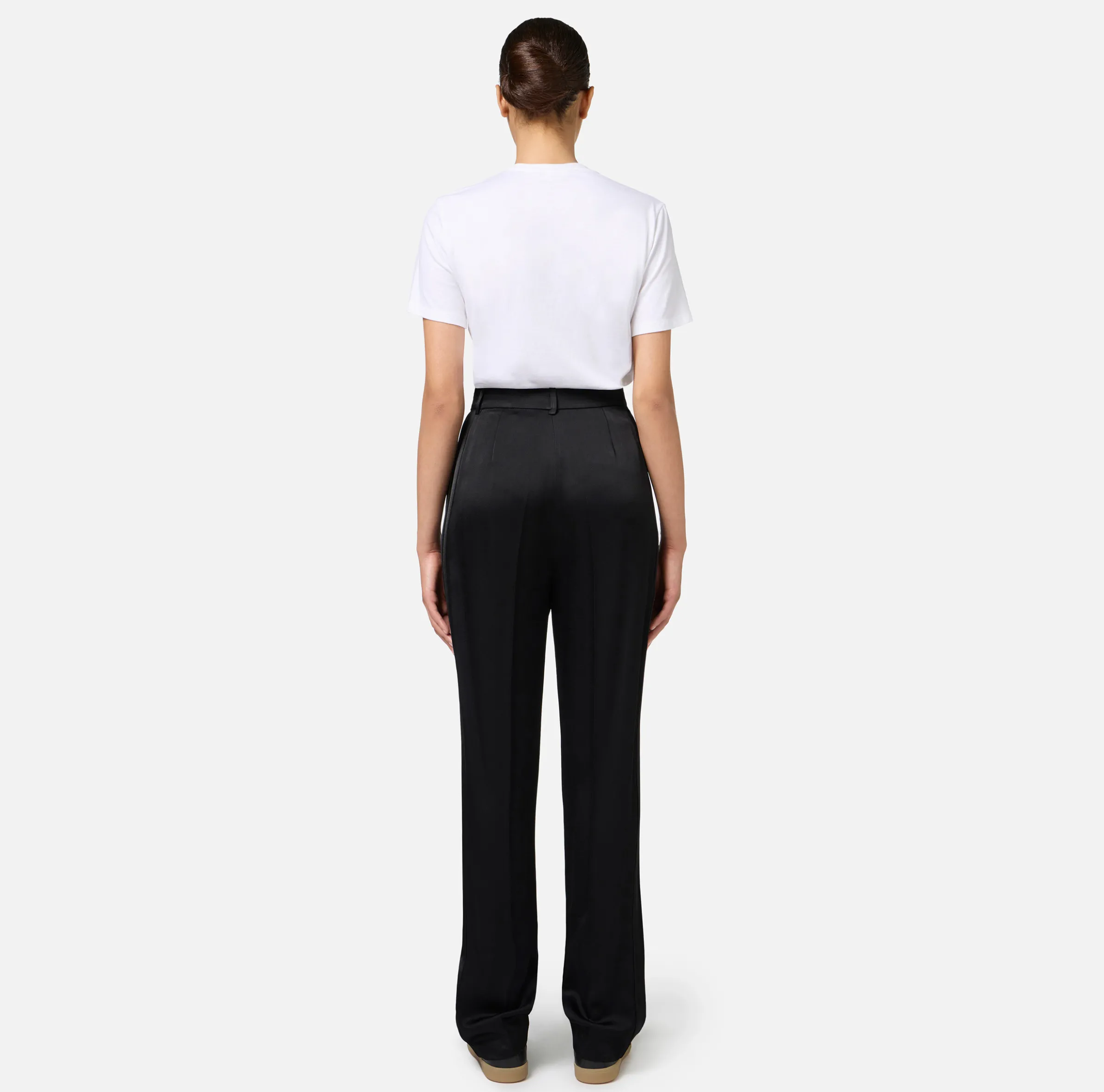 Pantalone dritto in satin con bande in raso