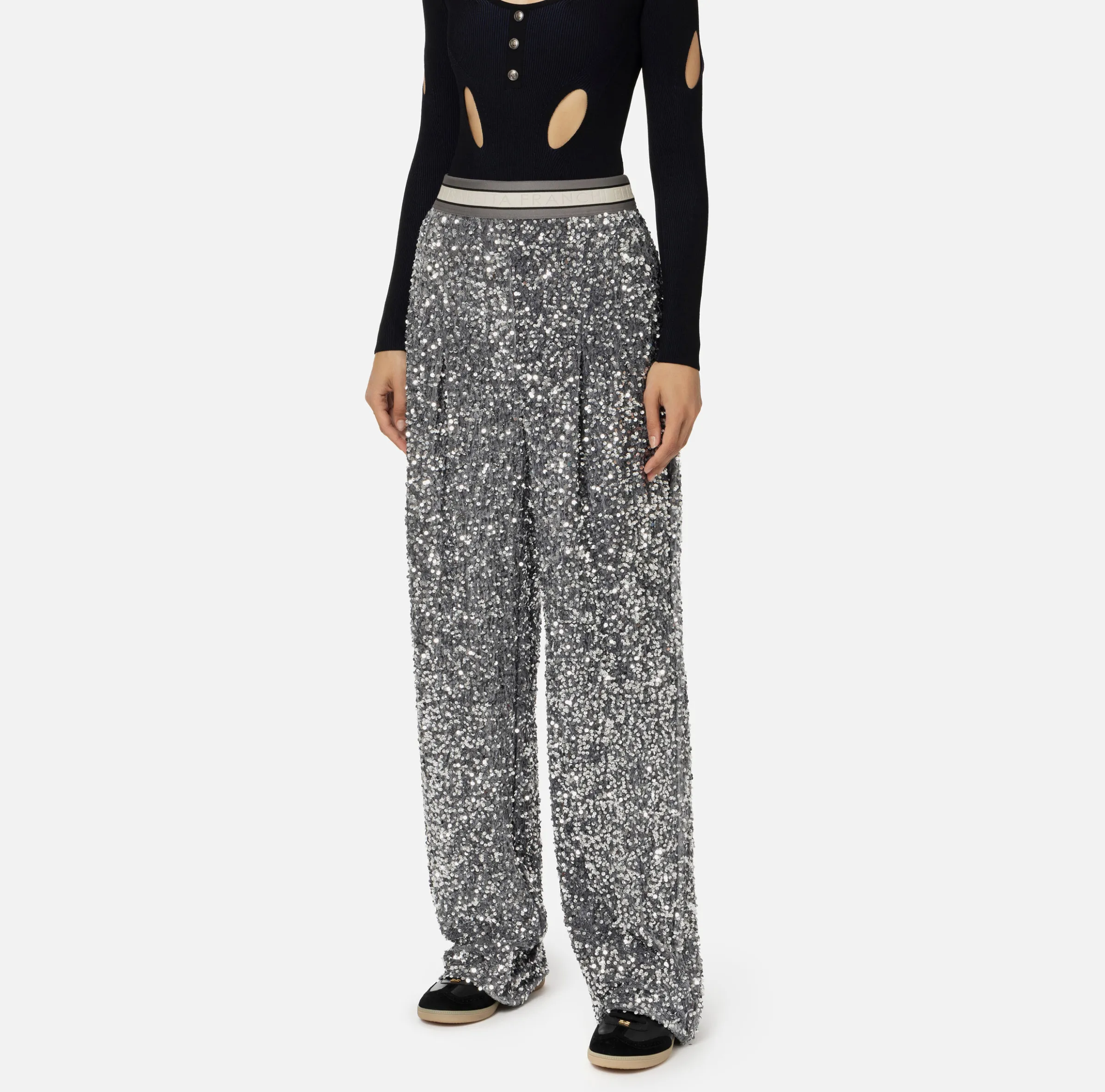 Pantalone in ciniglia ricamata con paillettes