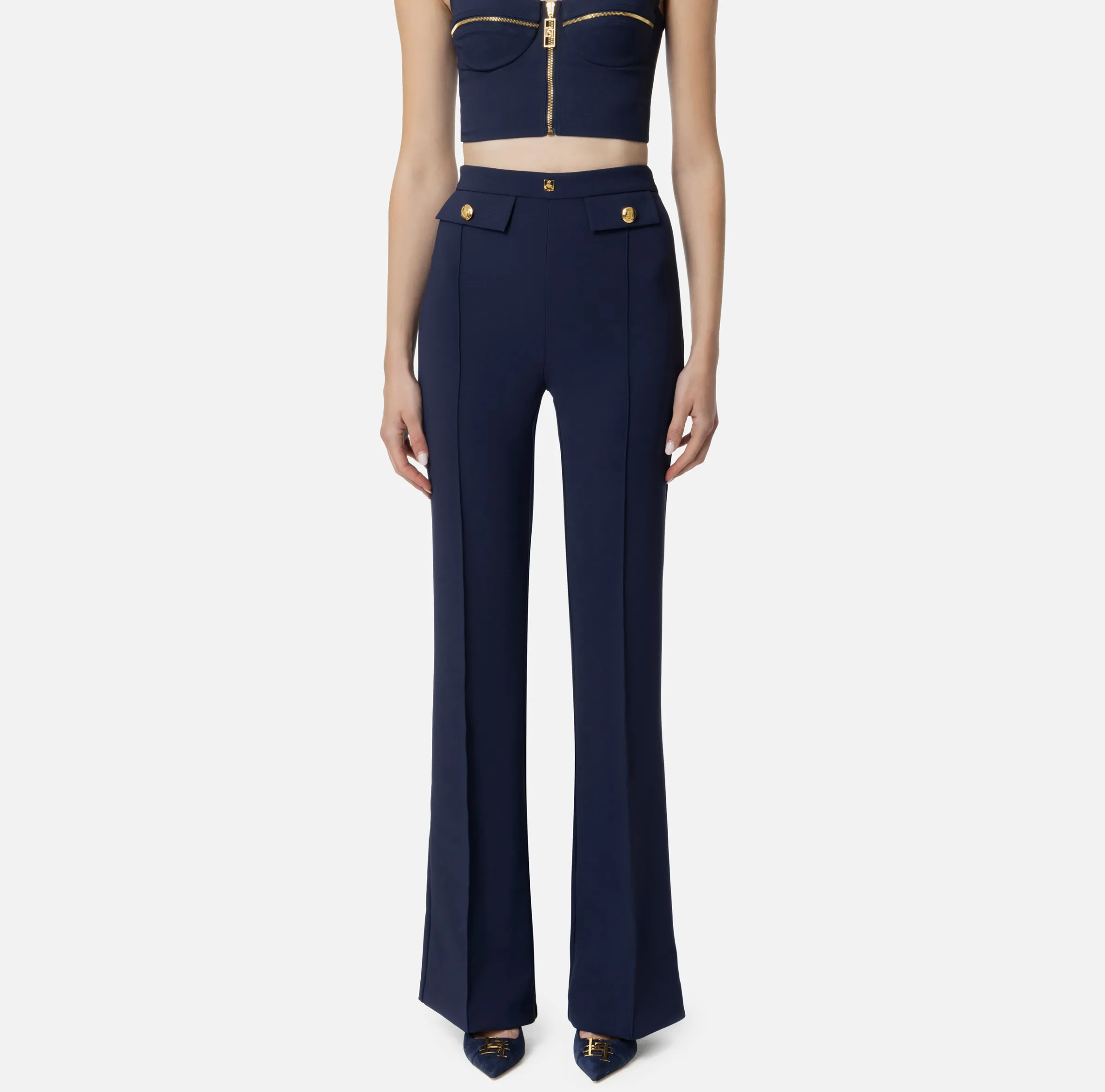 Pantalone palazzo in crêpe stretch con rivetto logo