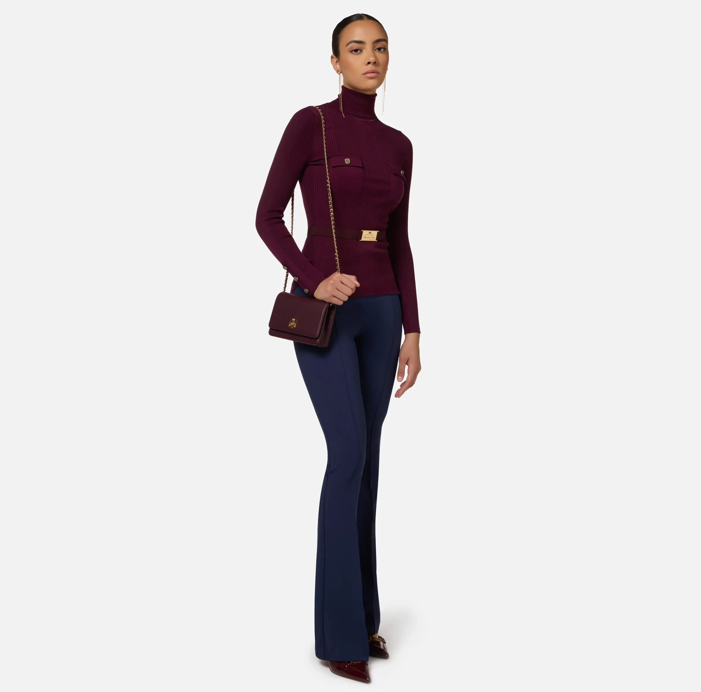 Pantalone palazzo in crêpe stretch con morsetto